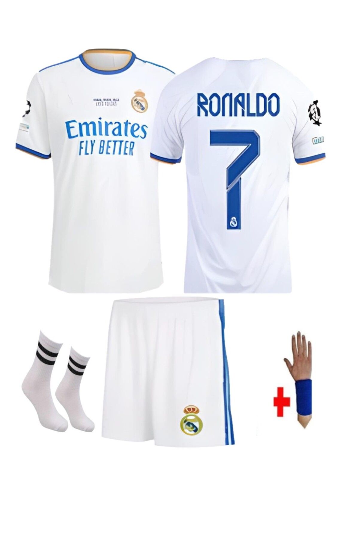 yenteks Real Madrid Ronaldo Şampiyonlar Ligi 2022 Beyaz Çocuk Futbol Forması 4 Set Çorap Bileklik Hediye