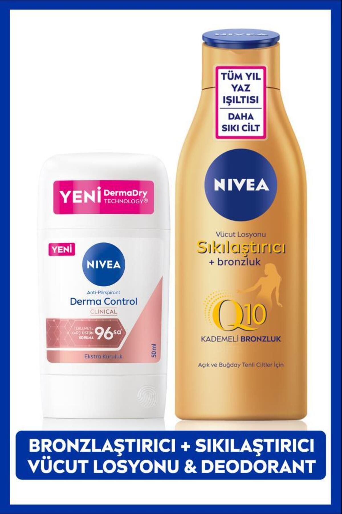 NIVEA Q10 Sıkılaştırıcı Bronzluk Vücut Losyonu 200ml ve Kadın Stick Deodorant Derma Control Clinical 50ml