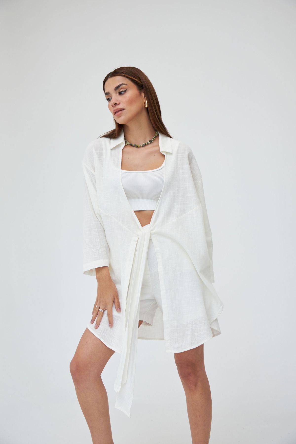 Laluvia Kırık Beyaz Flam Keten Kimono Gömlek
