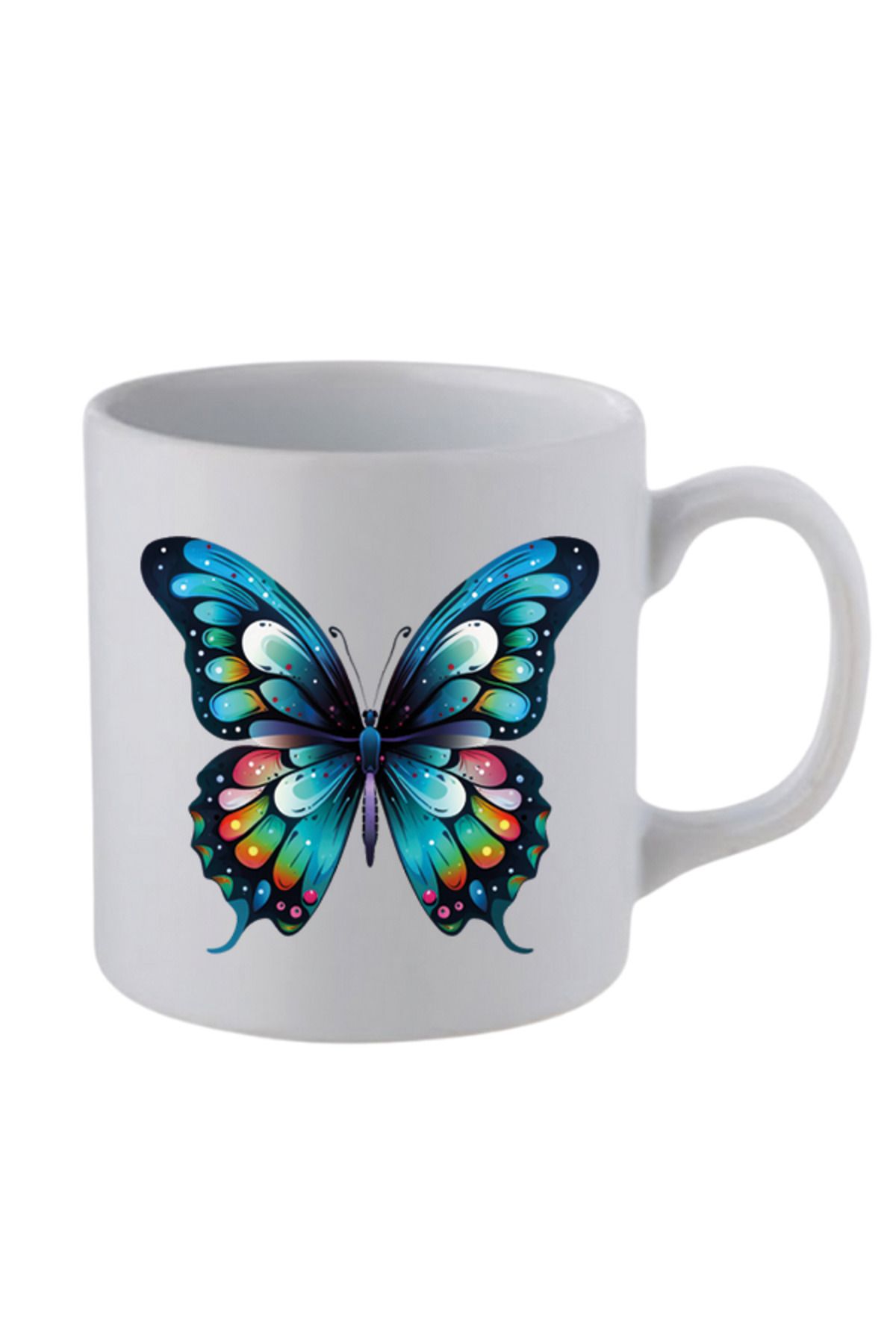 lili hediyelik Mavi Kelebek Baskılı Beyaz Kupa Bardak - Seramik Çay, Kahve Hediyelik Bardağı
