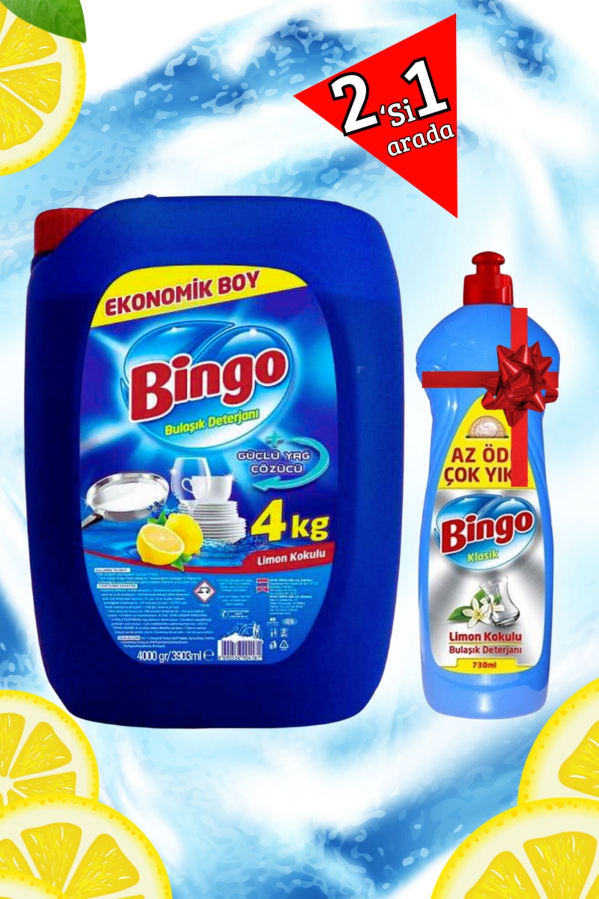 Bingo Elde Yıkama Sıvı Bulaşık Deterjanı 2'li Paket 4 kg Alana + 730 ml Süper Limon Etkisi