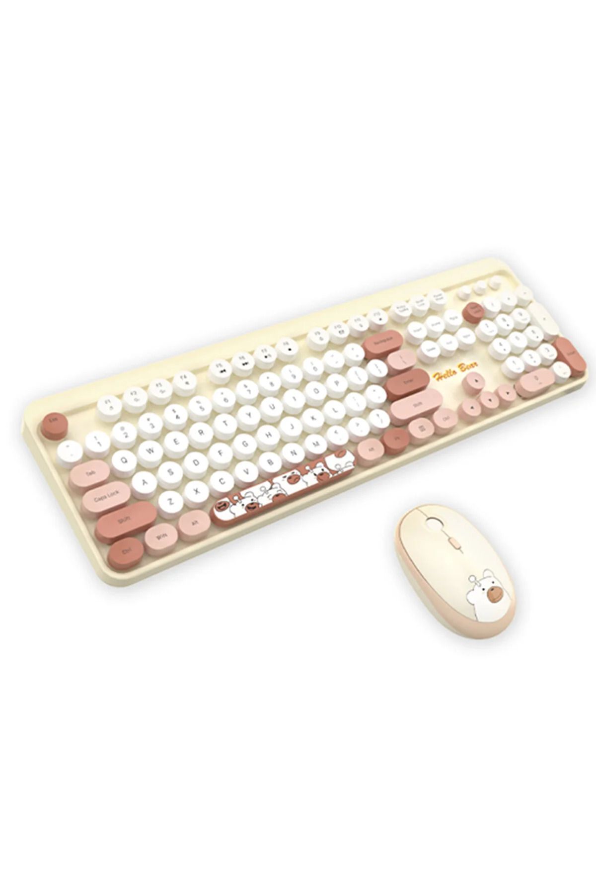 SNEXPRES Klavye Mouse  Ayıcık Desenli Kablosuz Renkli Yuvarlak Tuşlu Klavye Mouse Set