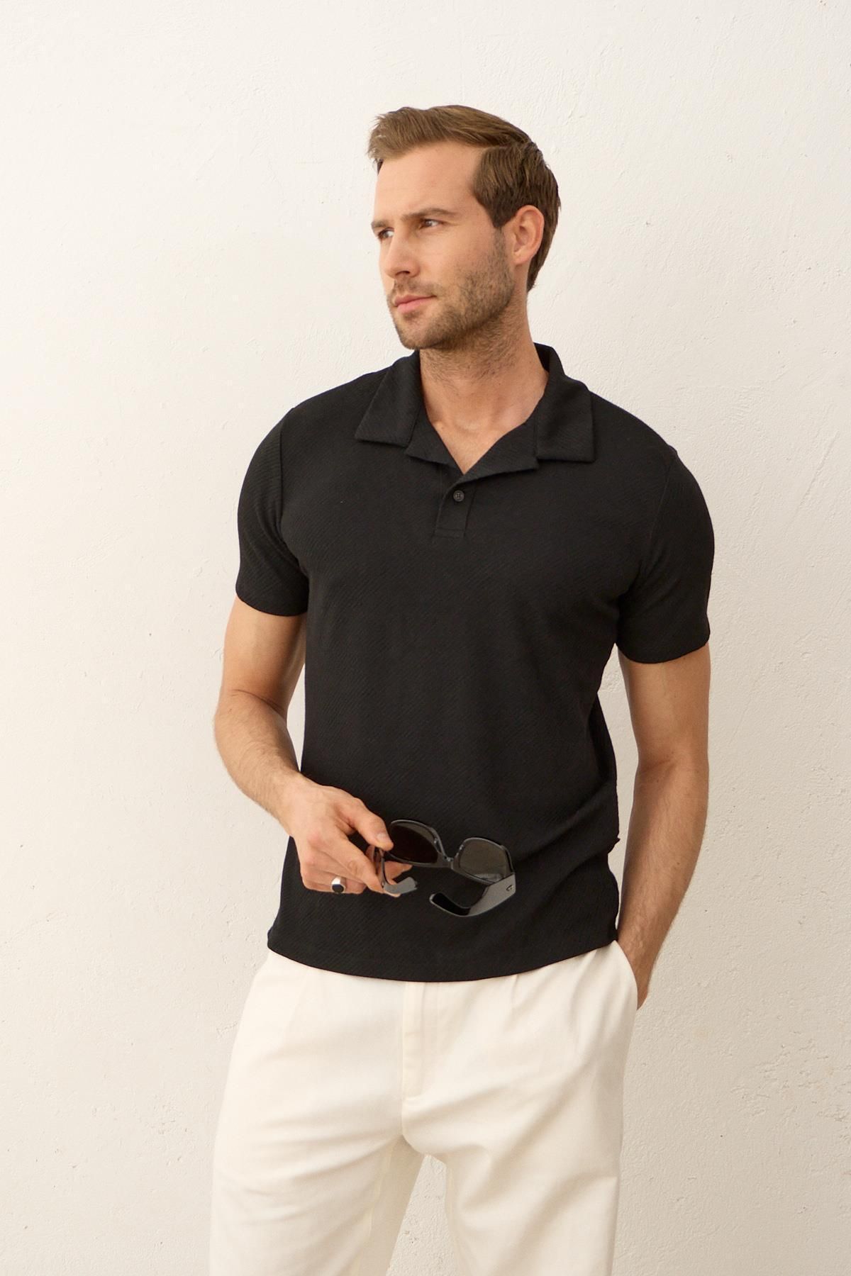 Danger Erkek Polo Yaka Slim-fit Kalıp Düğmeli Triko T-shirt Siyah