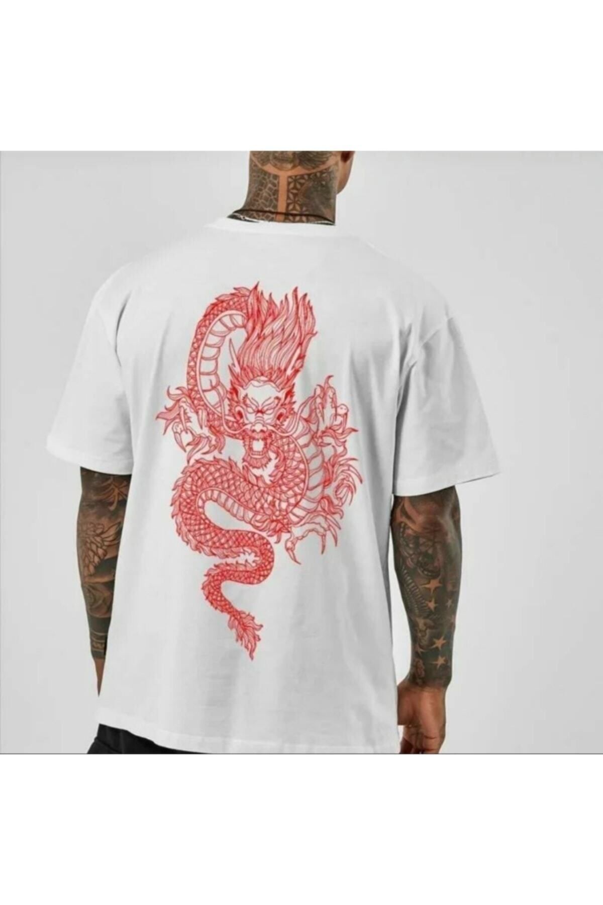 MOONBULL Oversize Beyaz Dragon Baskılı T-shirt