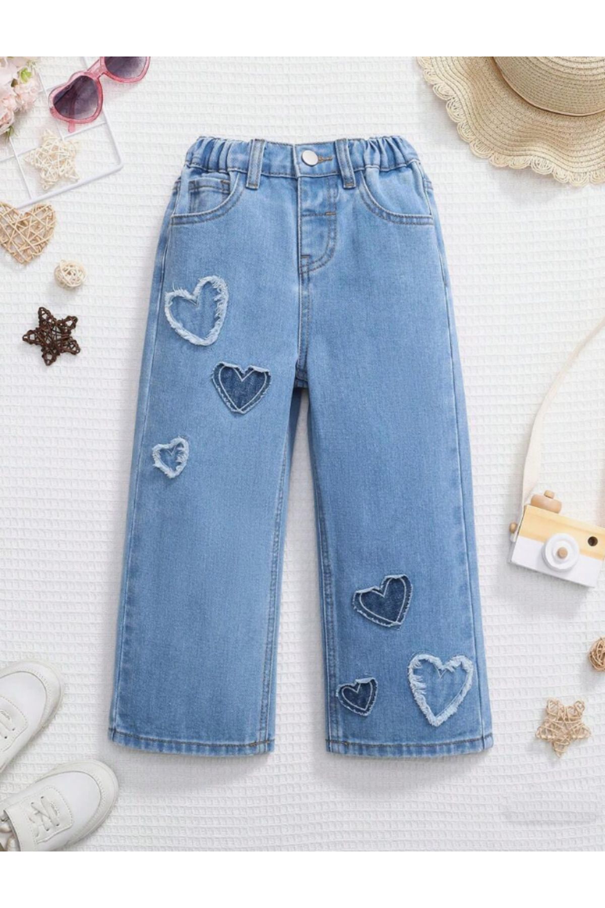 Kidstar Kız çocuk kot pantolon nakış kalp desenli - mavi