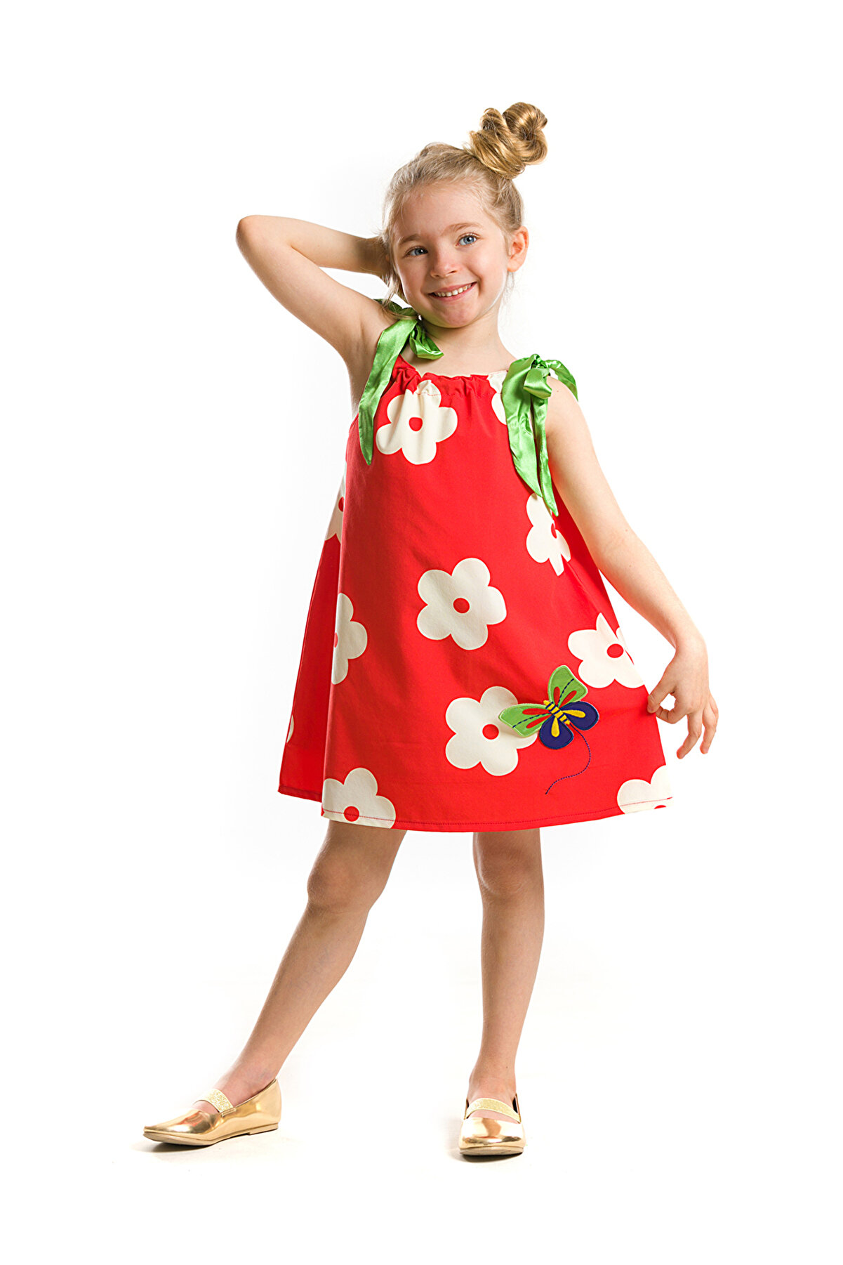 MSHB&G Kırmızı Beyaz Çiçekli Kız Çocuk Poplin Elbise
