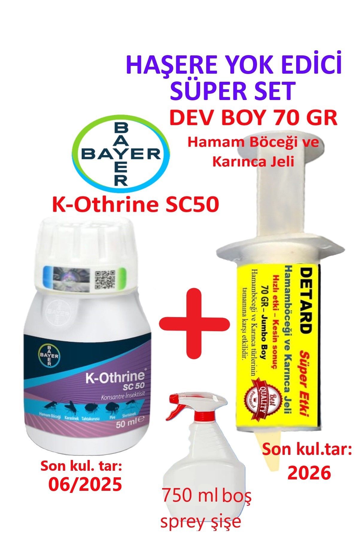Bayer K-othrine SC50 + Detard 70 gr. Hamam Böceği Jeli + 750 ml Sprey Şişe Haşere Yok Edici Süper Set