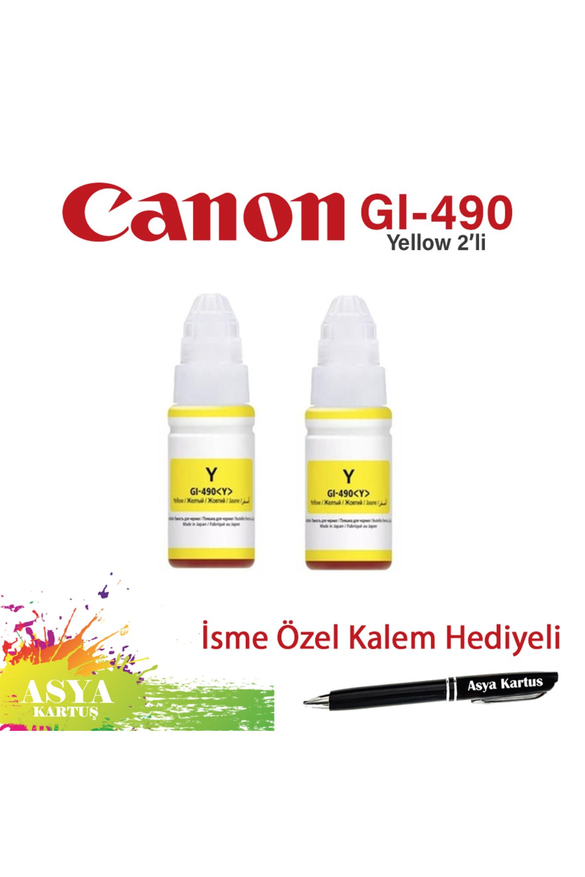 Canon Pixma G3410 Uyumlu GI-490 Y Sarı (Yellow) Kartuş 70 ml  2'li Mürekkep Kartuşu