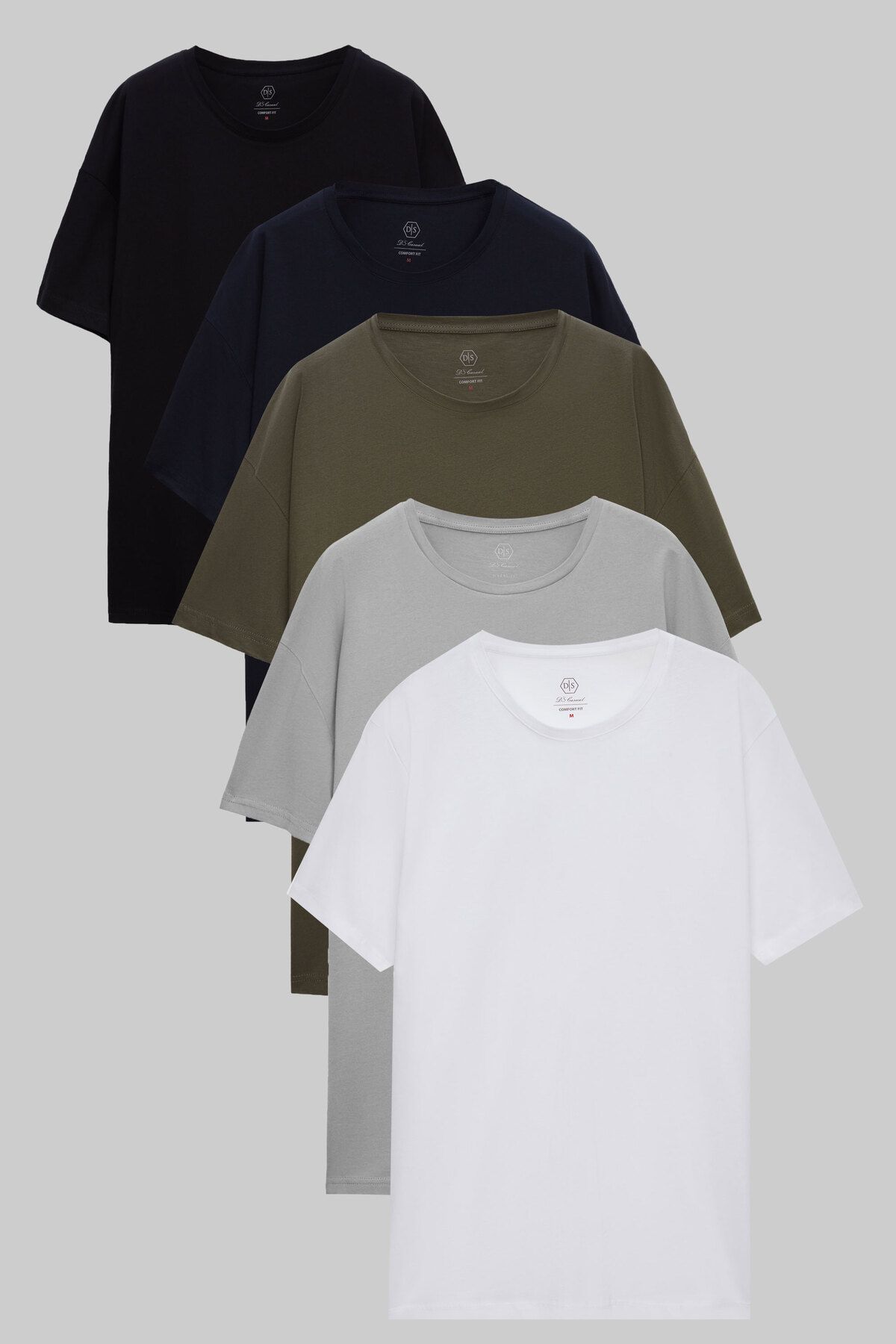 D'S Damat Ds Damat Comfort Siyah/Lacivert/Haki/Gri/Beyaz 5'Li Bol Kesim %100 Pamuk T-Shirt