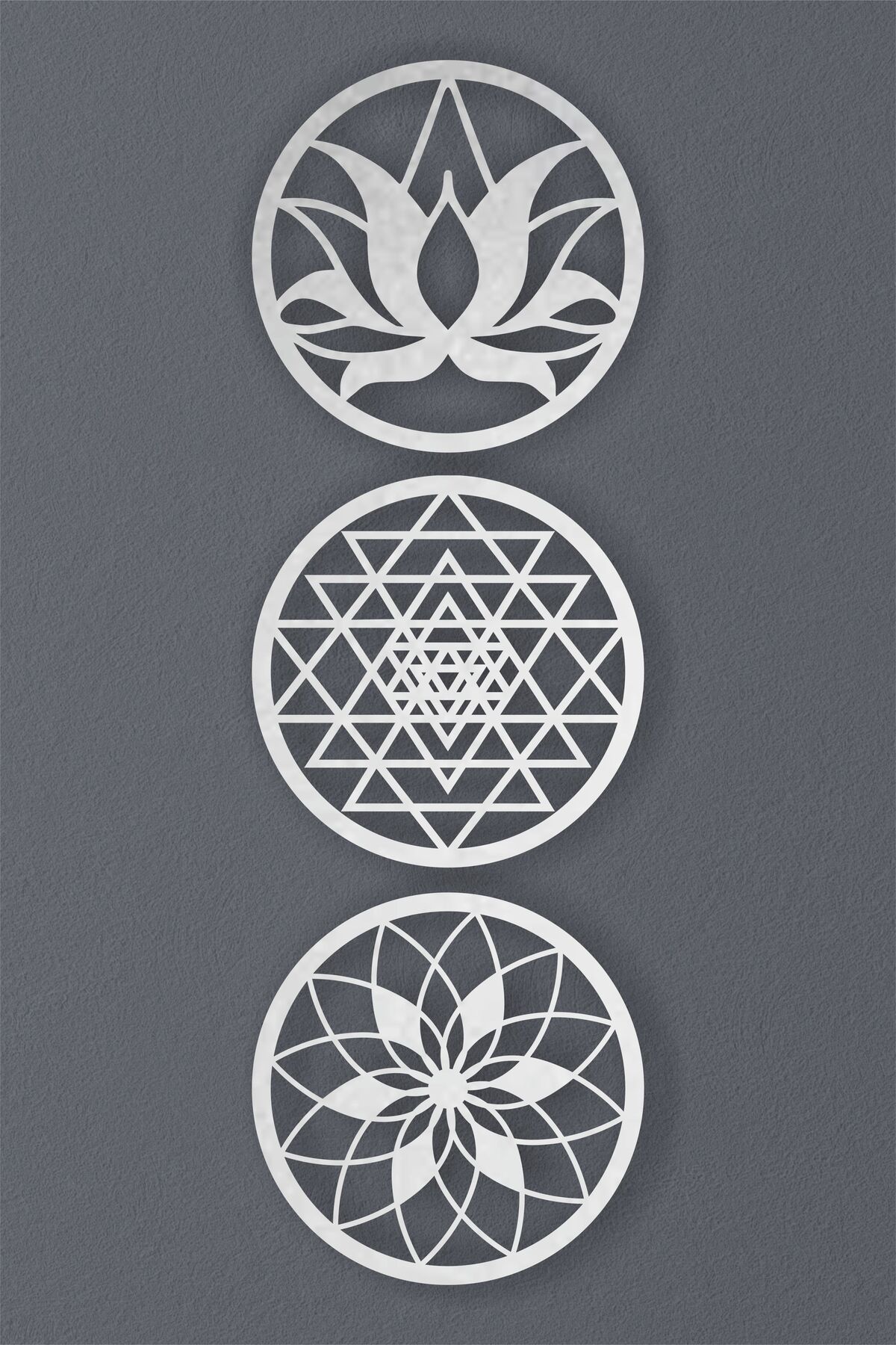UNT Ahşap Yaşam Çiçeği Sri Yantra Ve Mandala Üçlü Dekoratif Tablo Duvar Süsü