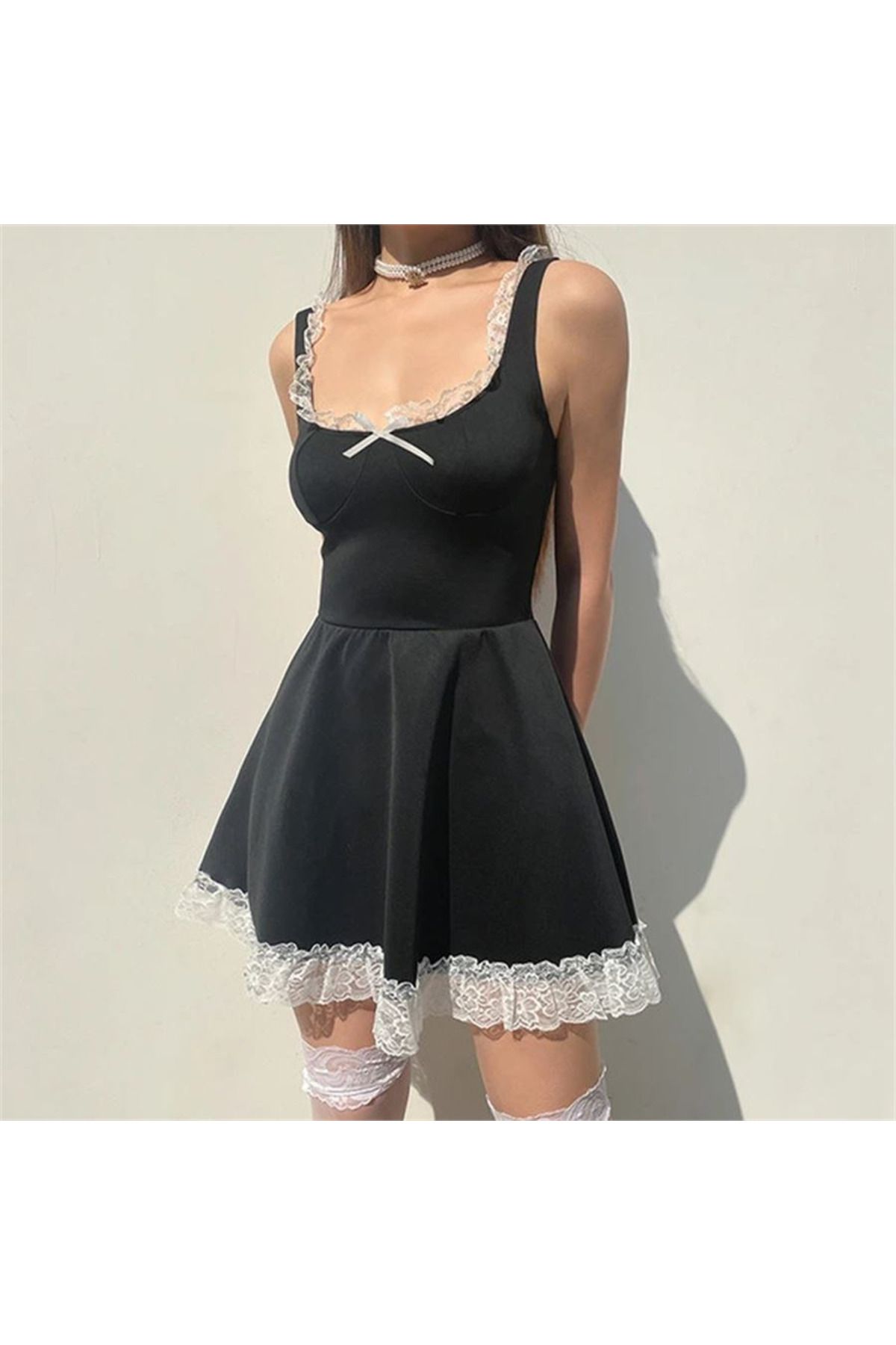 Gofeel Tech Kurdeleli Kare Yaka Dantelli Lolita Mini Elbise
