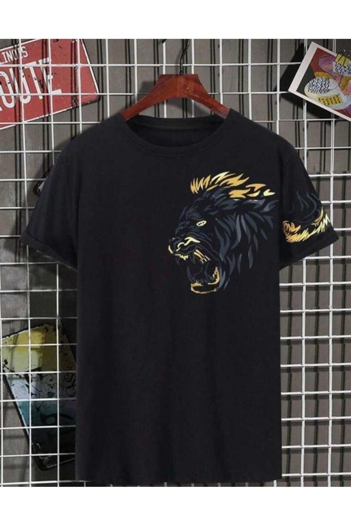 MOONBULL Unisex Aslan Baskılı Sol Göğüs ve Sol Kol Baskı Detaylı Oversize T-shirt