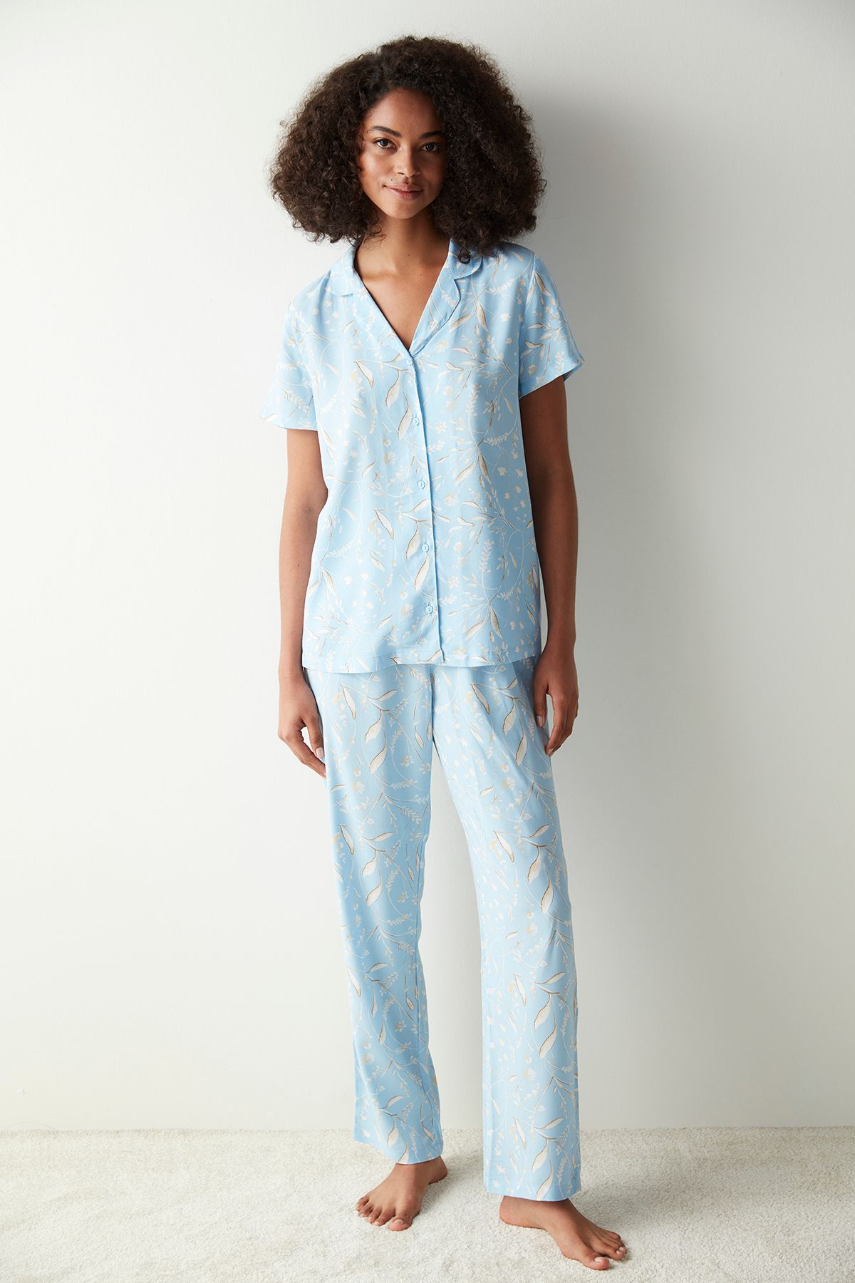 Penti Maye Baskılı Mavi Gömlek Pantolon Pijama Takımı