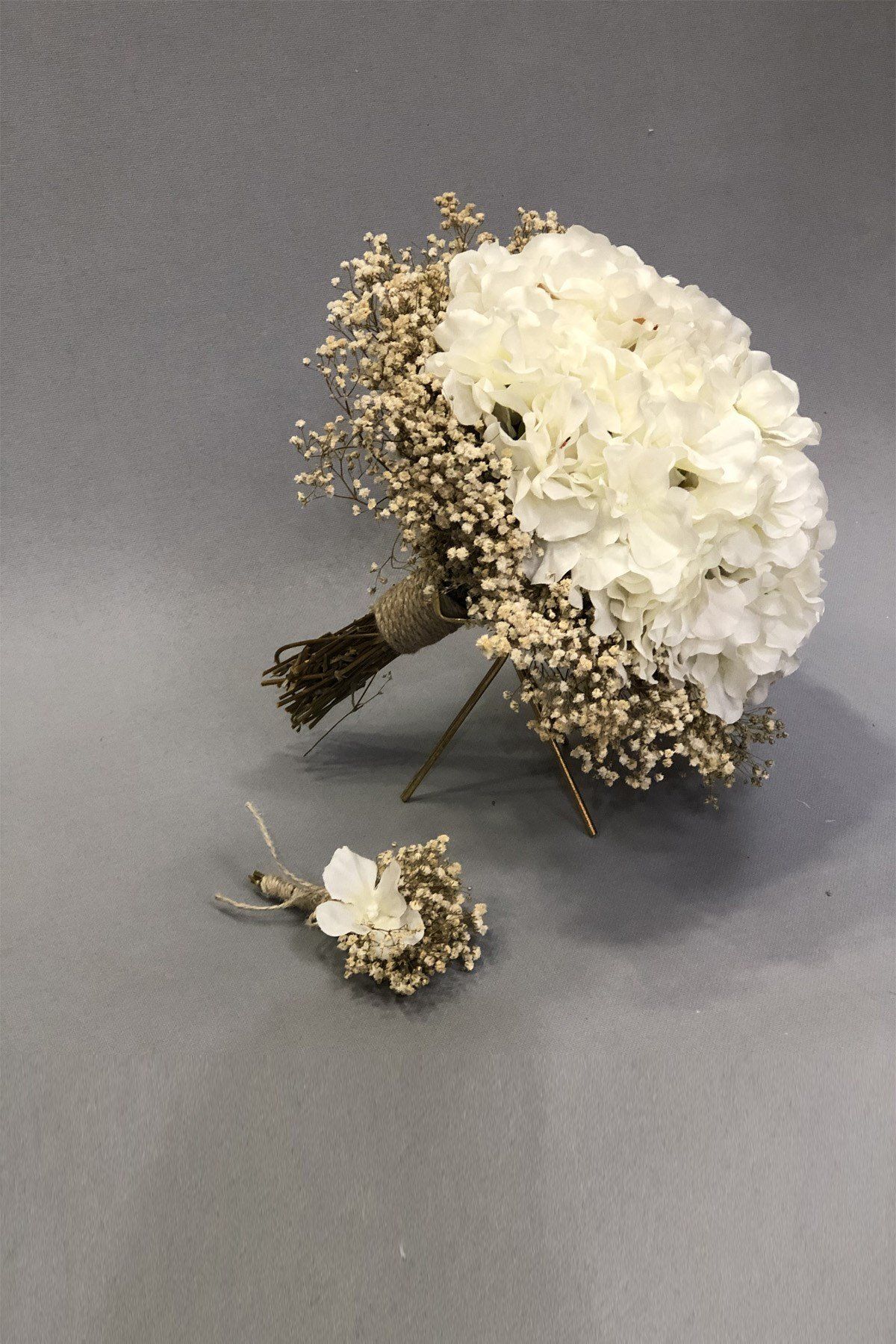 Hayalperest boncuk Beyaz Ortancalı Cipsolu Gelin Buket Ve Yaka Çiçeği