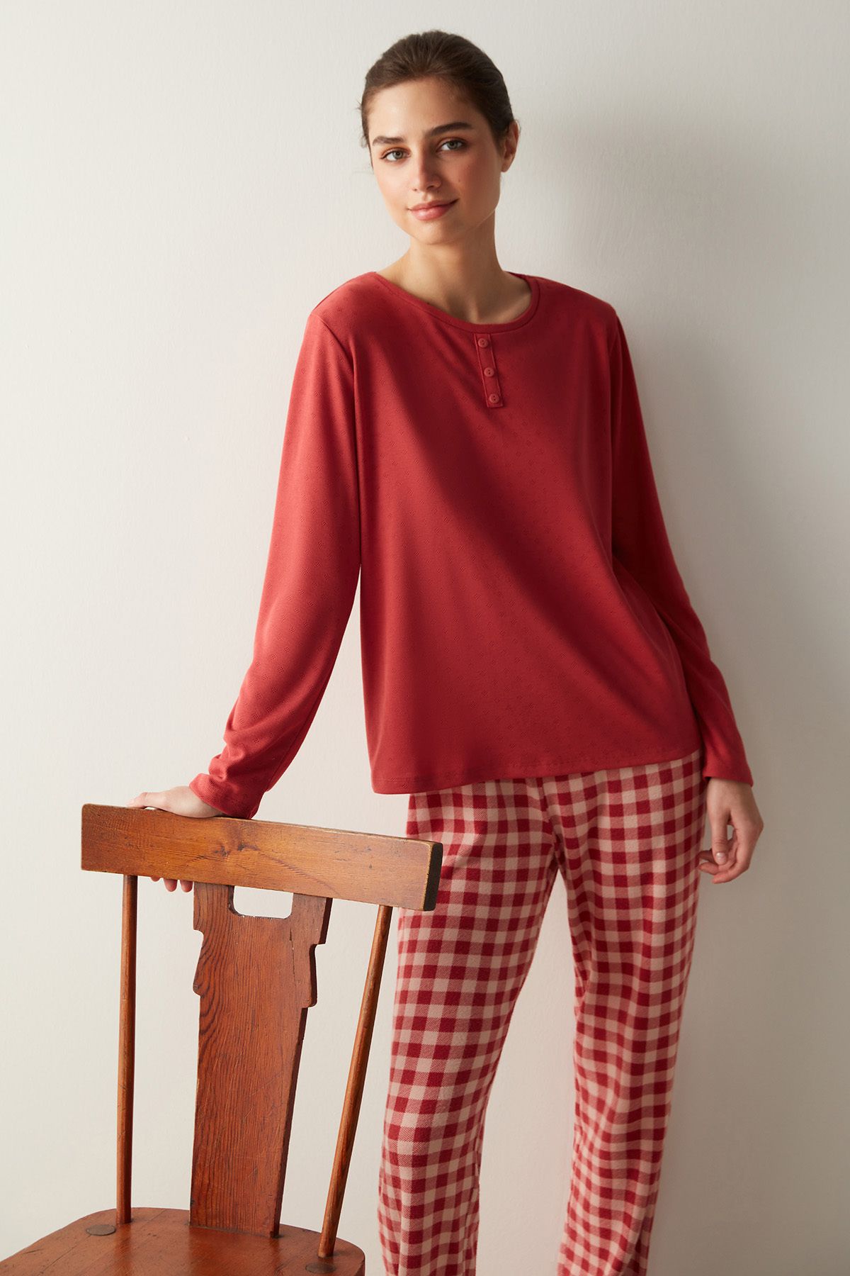 Penti Kareli Kırmızı Termal Pijama Takımı