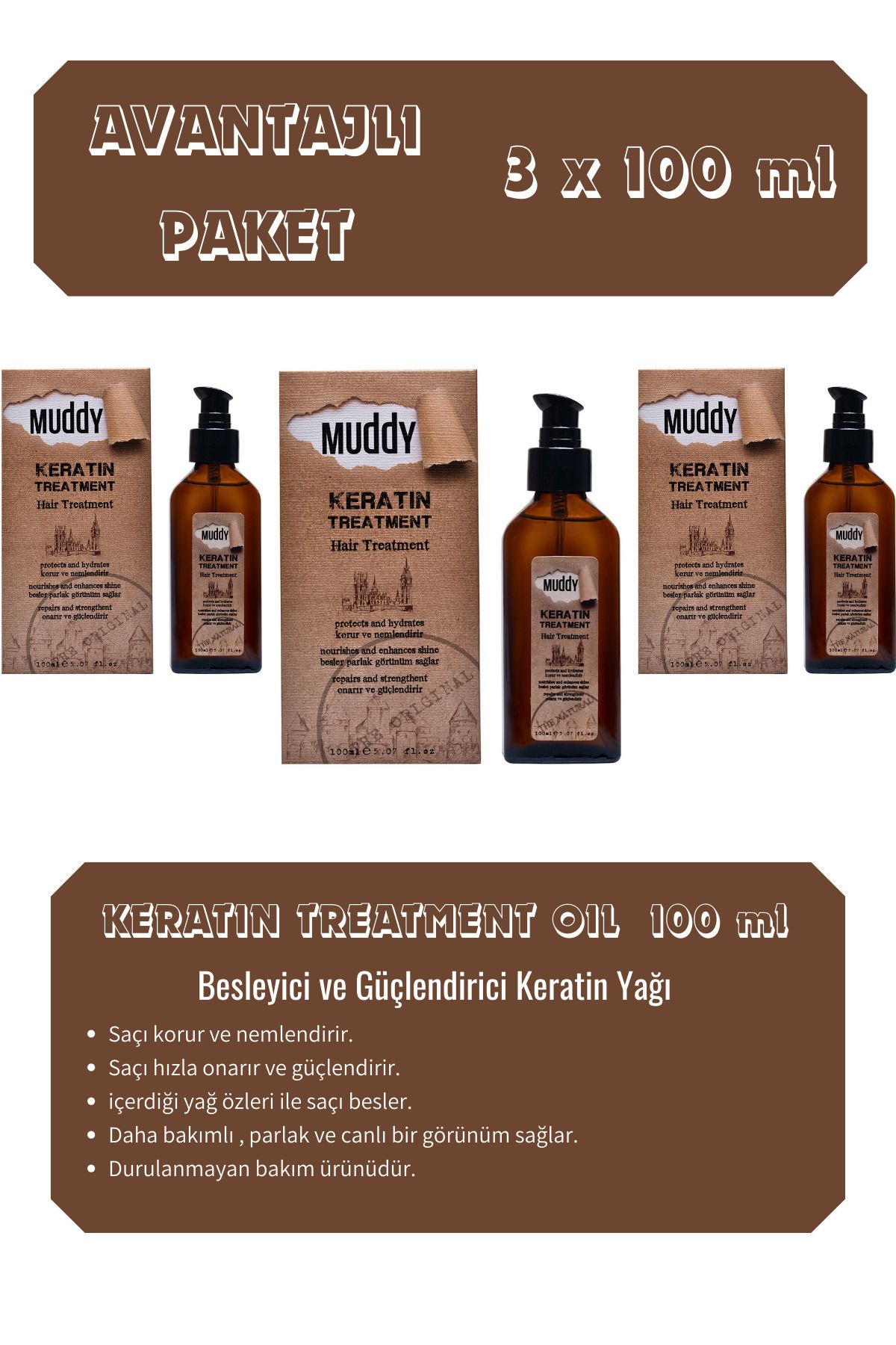 Muddy Keratin Treatment Oil Kırılma Ve Kopma Önleyen Canlı Ve Parlak Görünüm Yağı 100 ml x 3