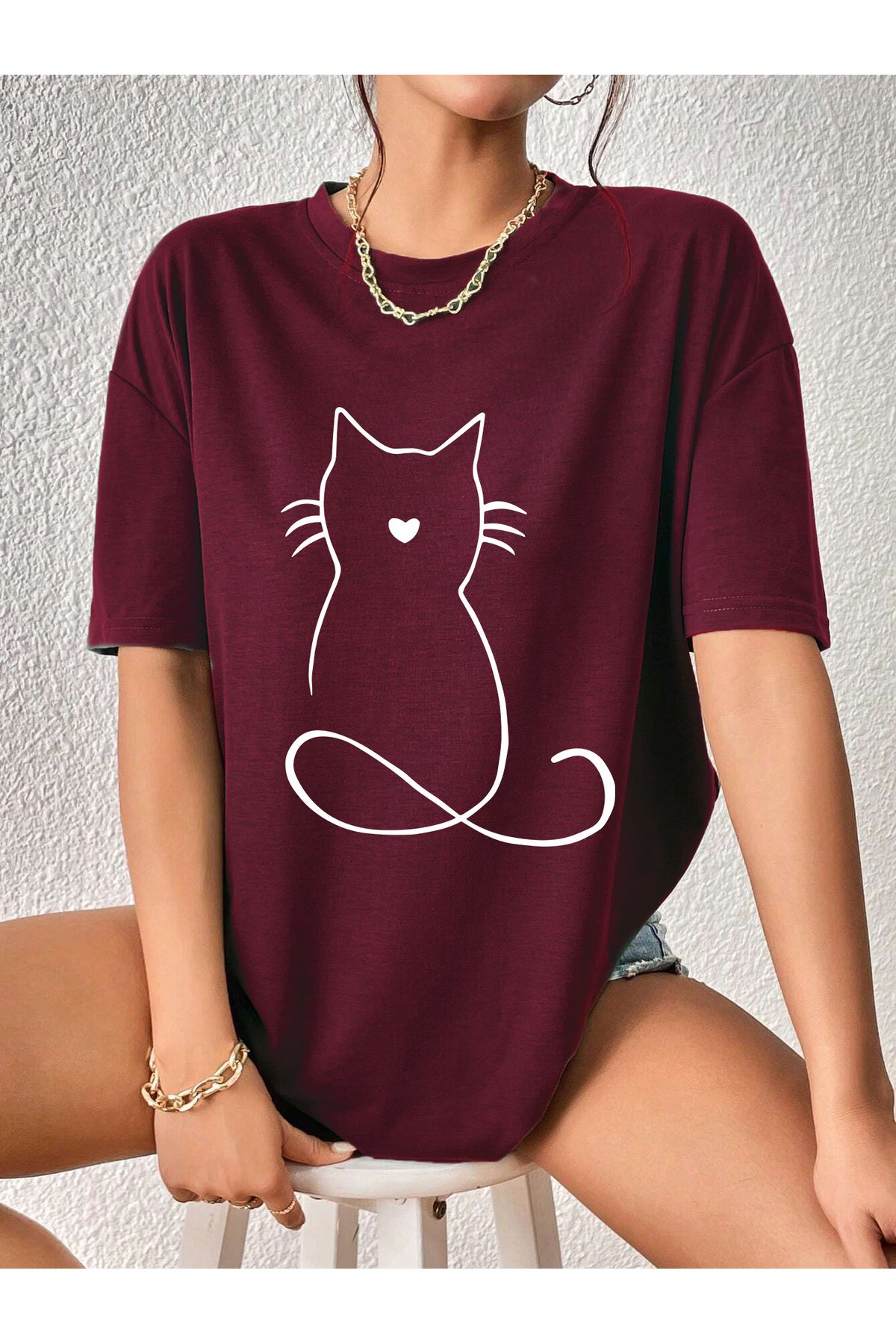aynewmoda oversize kedi baskılı T-shirt