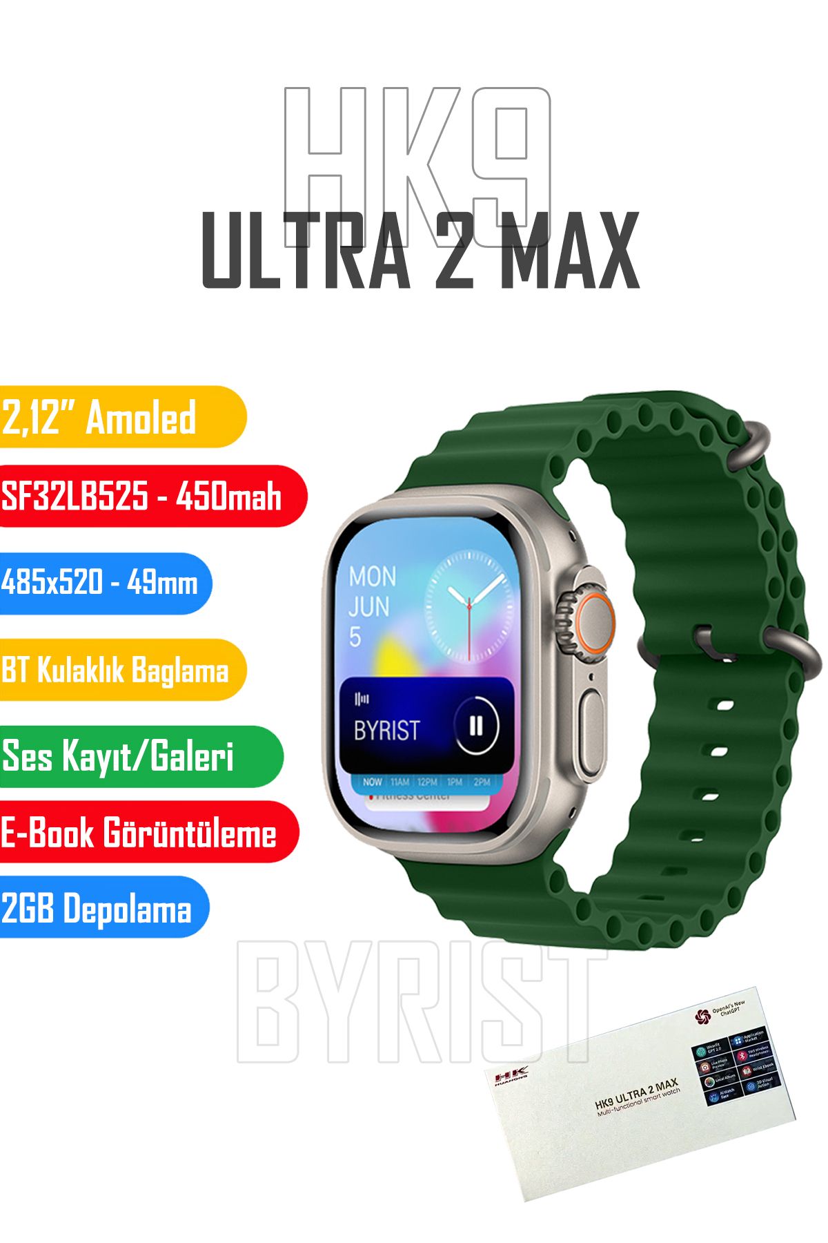 Byrist Hk9 Ultra 2 Max GEN4 49MM Amoled Ekran Galeri/Ses Kayıt/2GB Depolama Özellikli 2024 Akıllı Saat