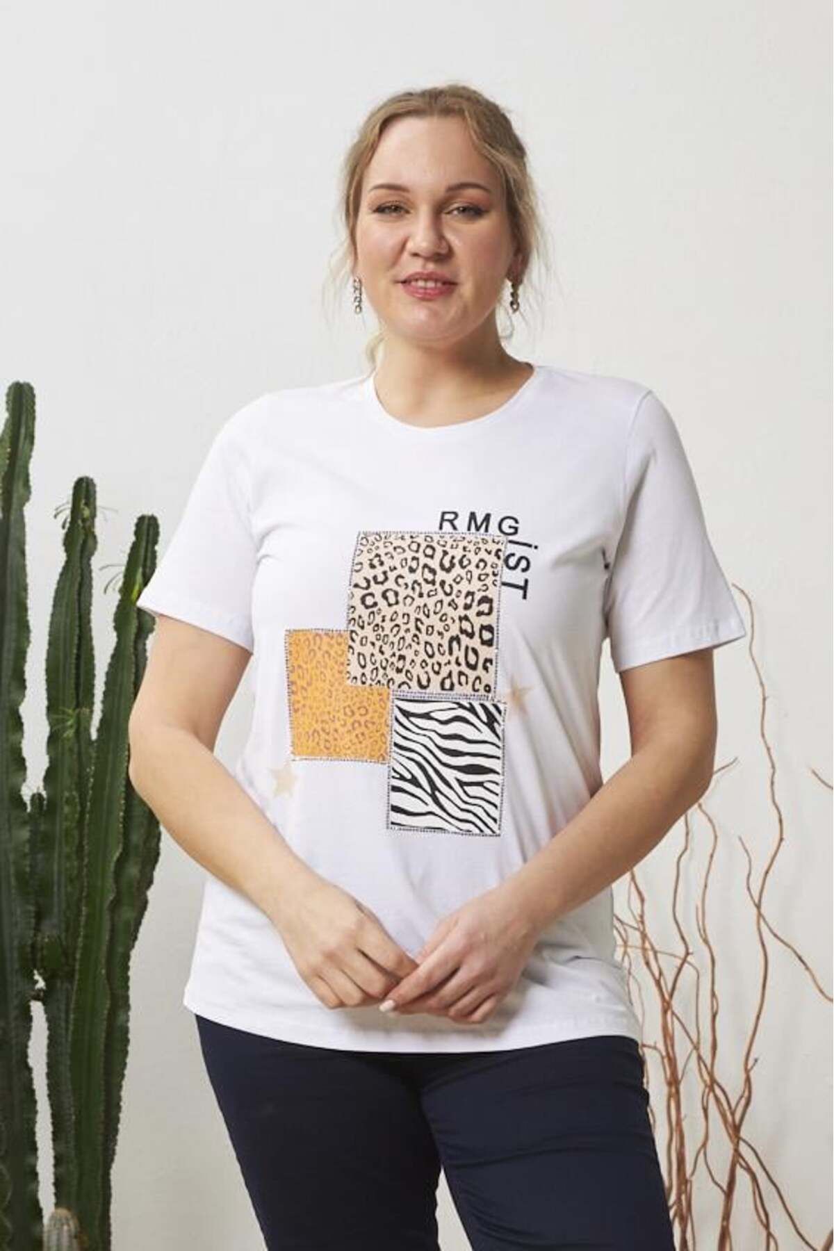 Rmg Leopar Ve Zebra Desenli Büyük Beden Beyaz Tişört
