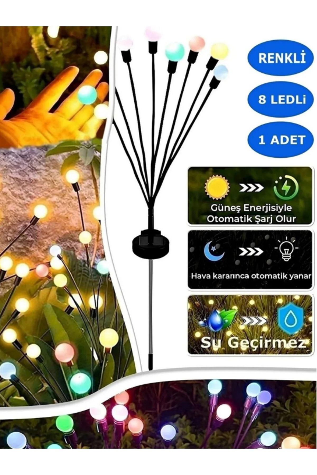 Genel Markalar 8 Led'li Güneş Enerjili Bahçe Çiti Aydınlatma Lamba Solar Renkli Işık Ateş Böceği Peyzaj Süs Çiçeği