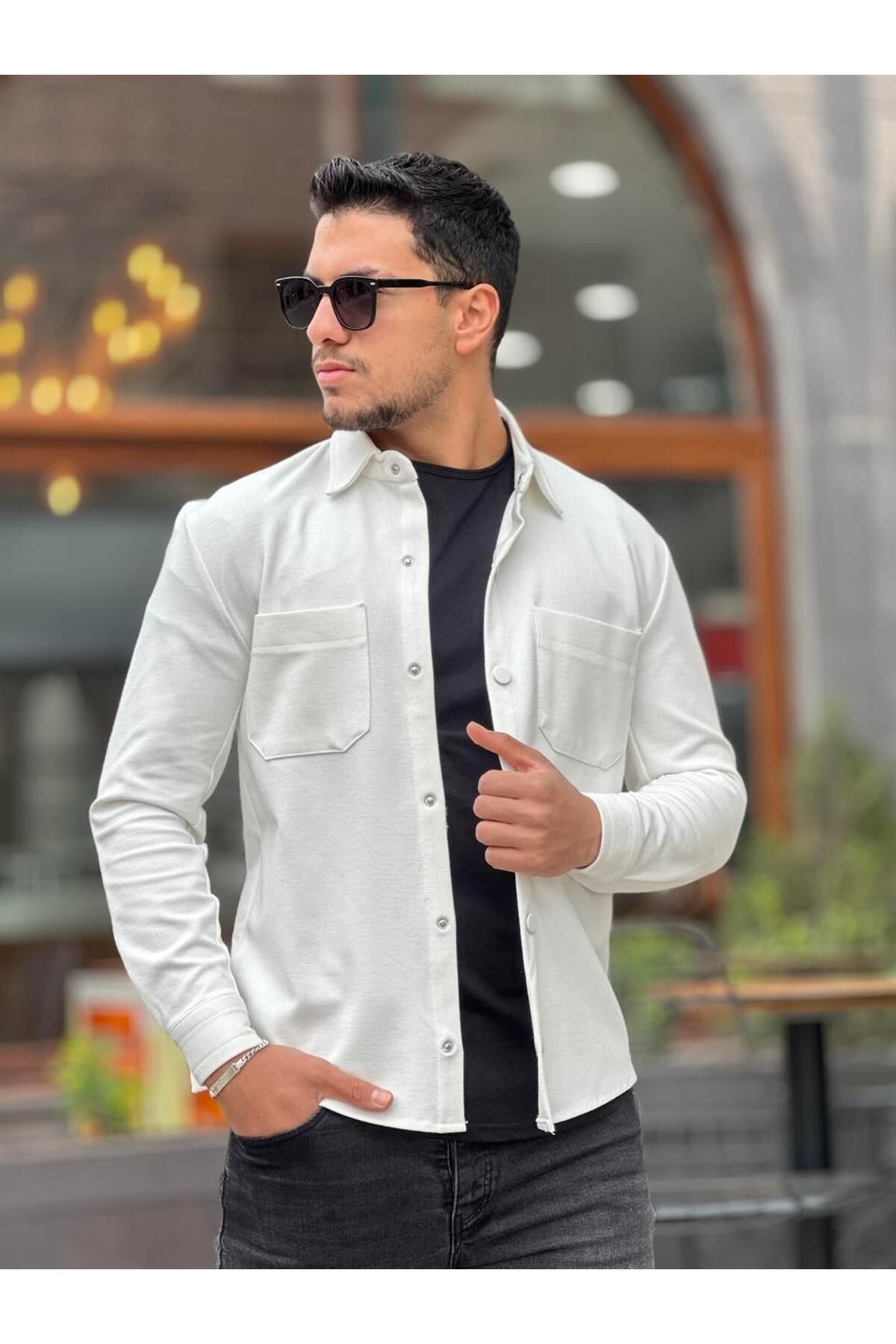 Miron Beyaz Pike Dokulu Kumaş Gömlek Yaka Cepli Regular Fit Ceket
