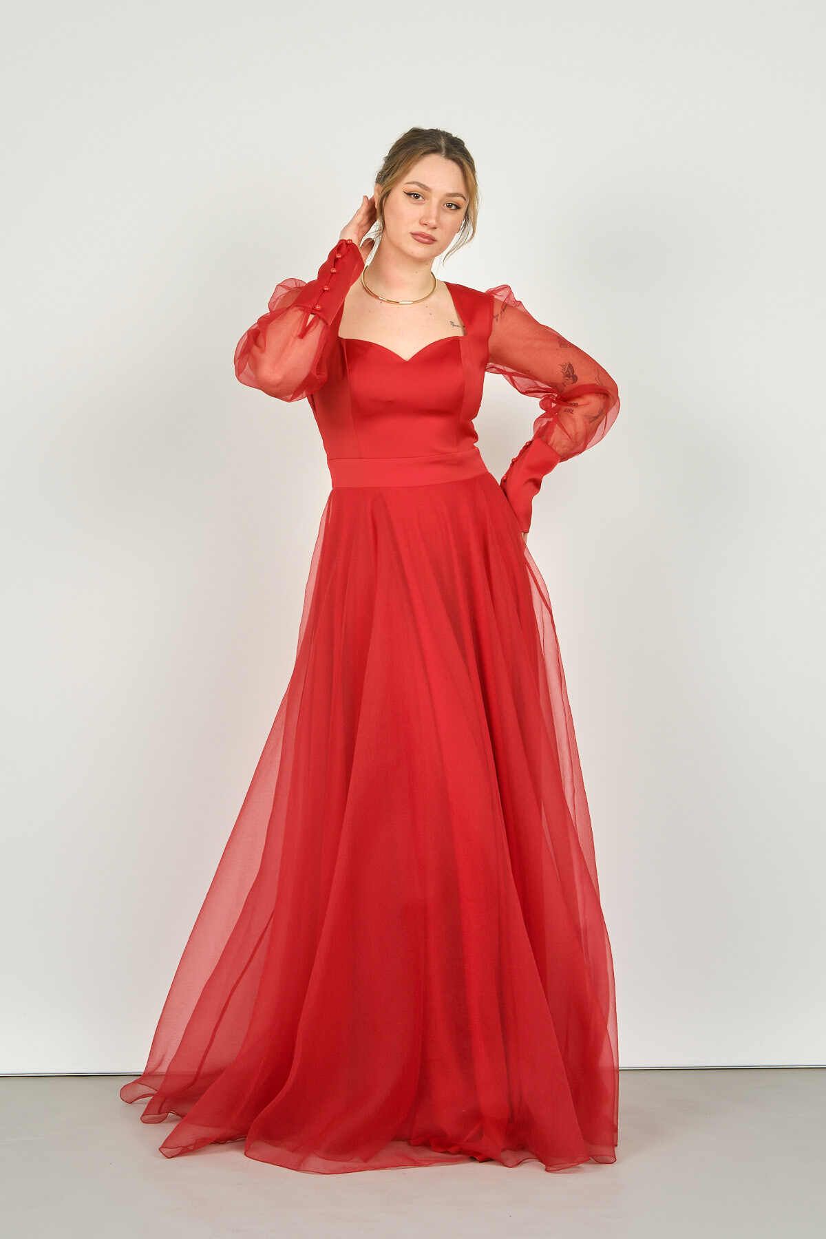 DORİDORCA Doridorca Kadın Kalp Yaka Uzun Kollu Tül Abiye Elbise 3048 Kırmızı