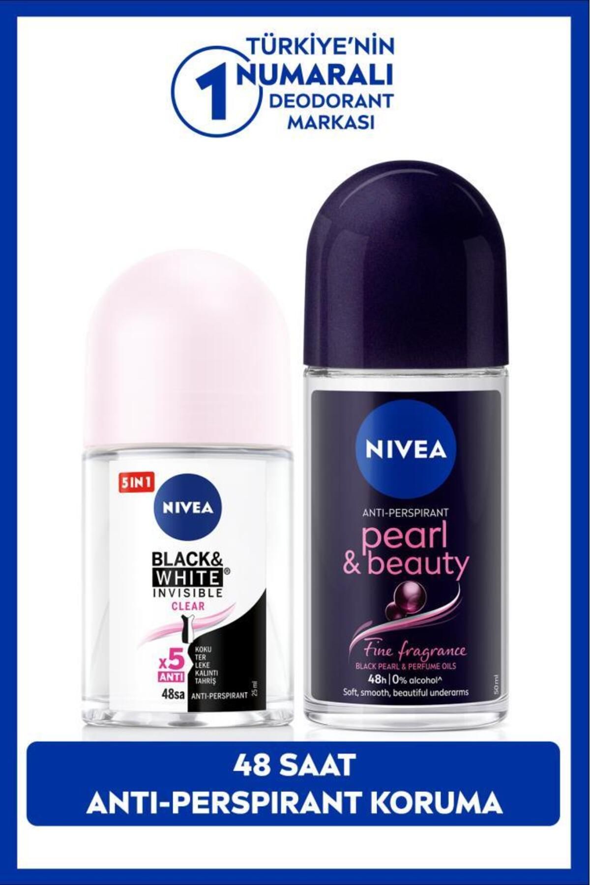 NIVEA KADIN Roll-on Deodorant Pearl&Beauty 50ml ve Mini Roll-on Black&White 25ml, Bakımlı Koltuk Altı
