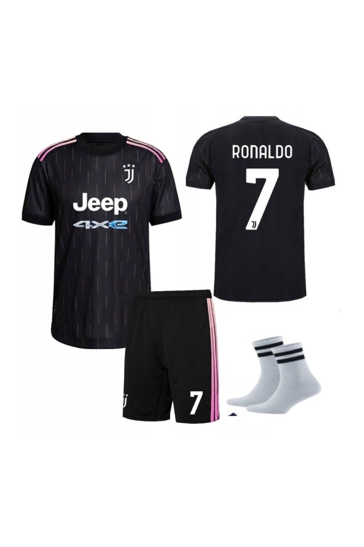yenteks Ronaldo Juventus Siyah Çocuk Futbol Forması 21/22 Sezon 4'lü Set Özel Tasarım Şpşpş