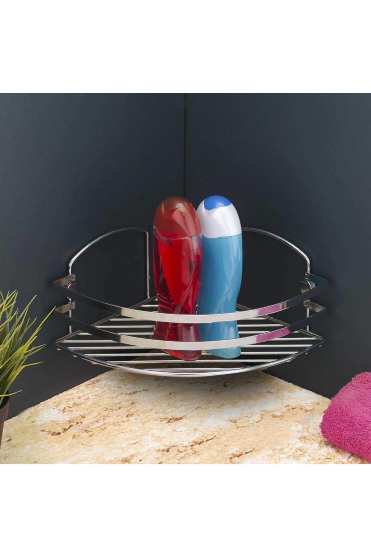 Evistro Banyo Köşe Rafı Şampuanlık Paslanmaz Şampuanlık Oval