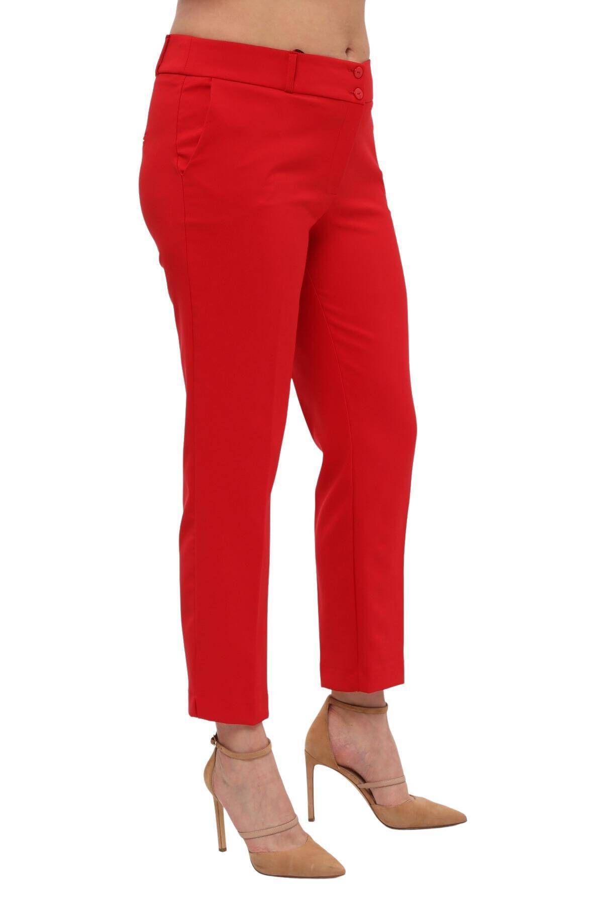 Hanezza Kadın Büyük Beden Kırmızı Bilek Boy Yüksek Bel 42-56 Likralı Pantolon