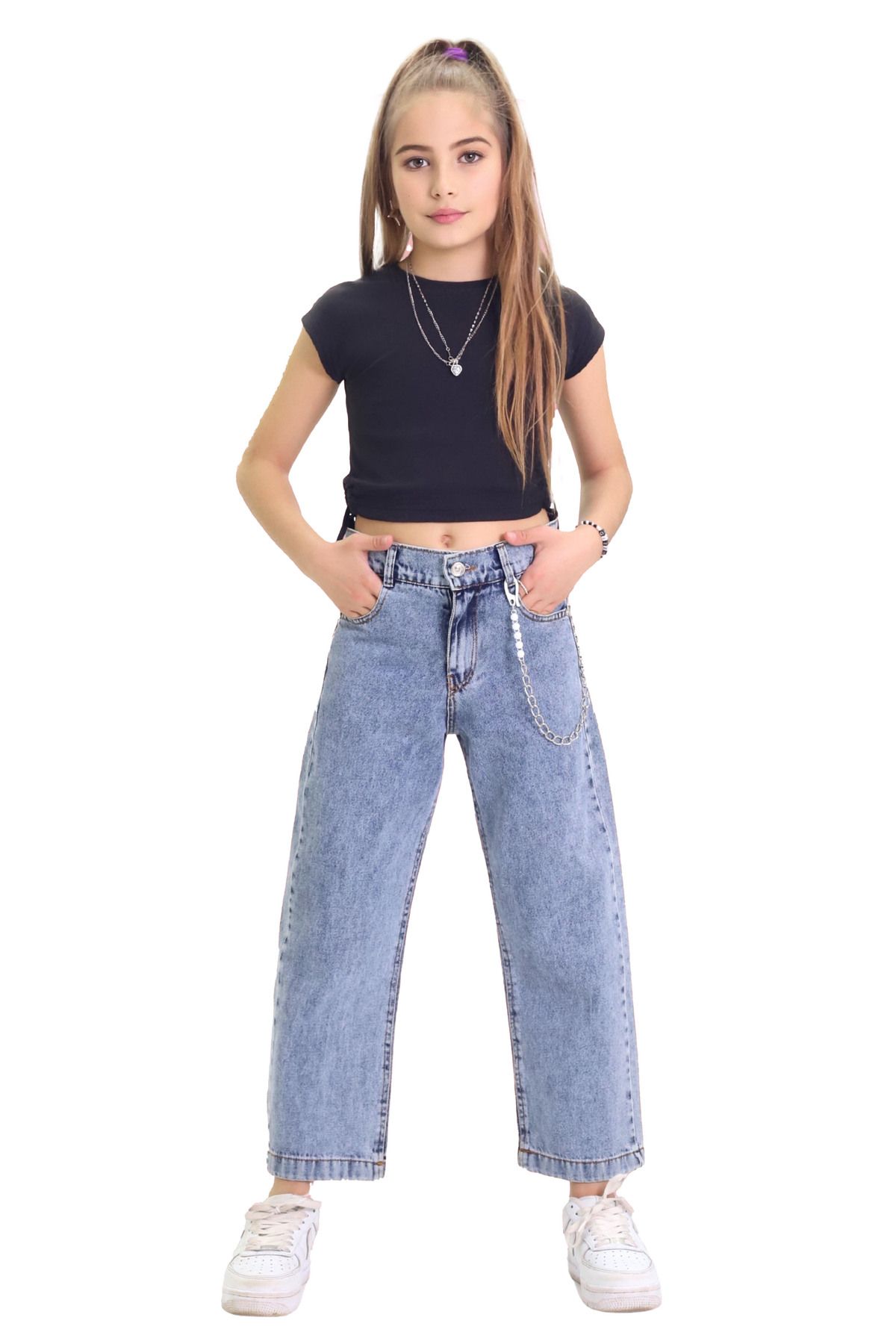GZT TEKSTİL Kız Çocuk %100 Pamuk Bol Paça Zincirli Jeans Kot Pantolon (6-15 YAŞ)