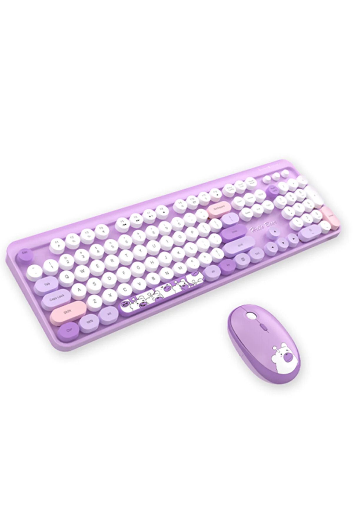 SNEXPRES Klavye Mouse  Ayıcık Desenli Kablosuz Renkli Yuvarlak Tuşlu Klavye Mouse Set