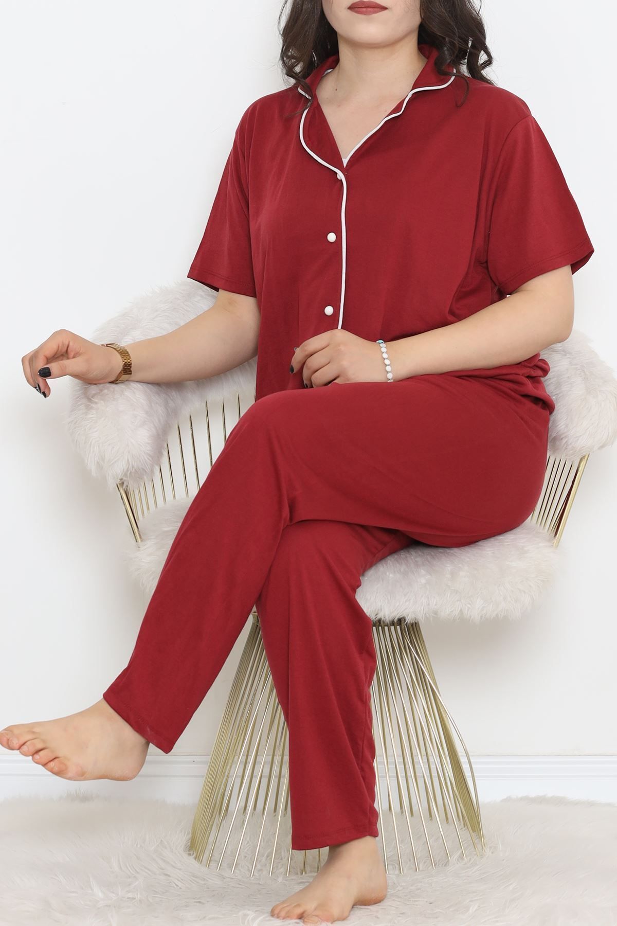 VELİZADE Büyük Beden Önü Düğmeli Polo Yaka Konforlu Pijama Takımı Pamuklu İkili Alt-Üst Takım Bordo 501.12
