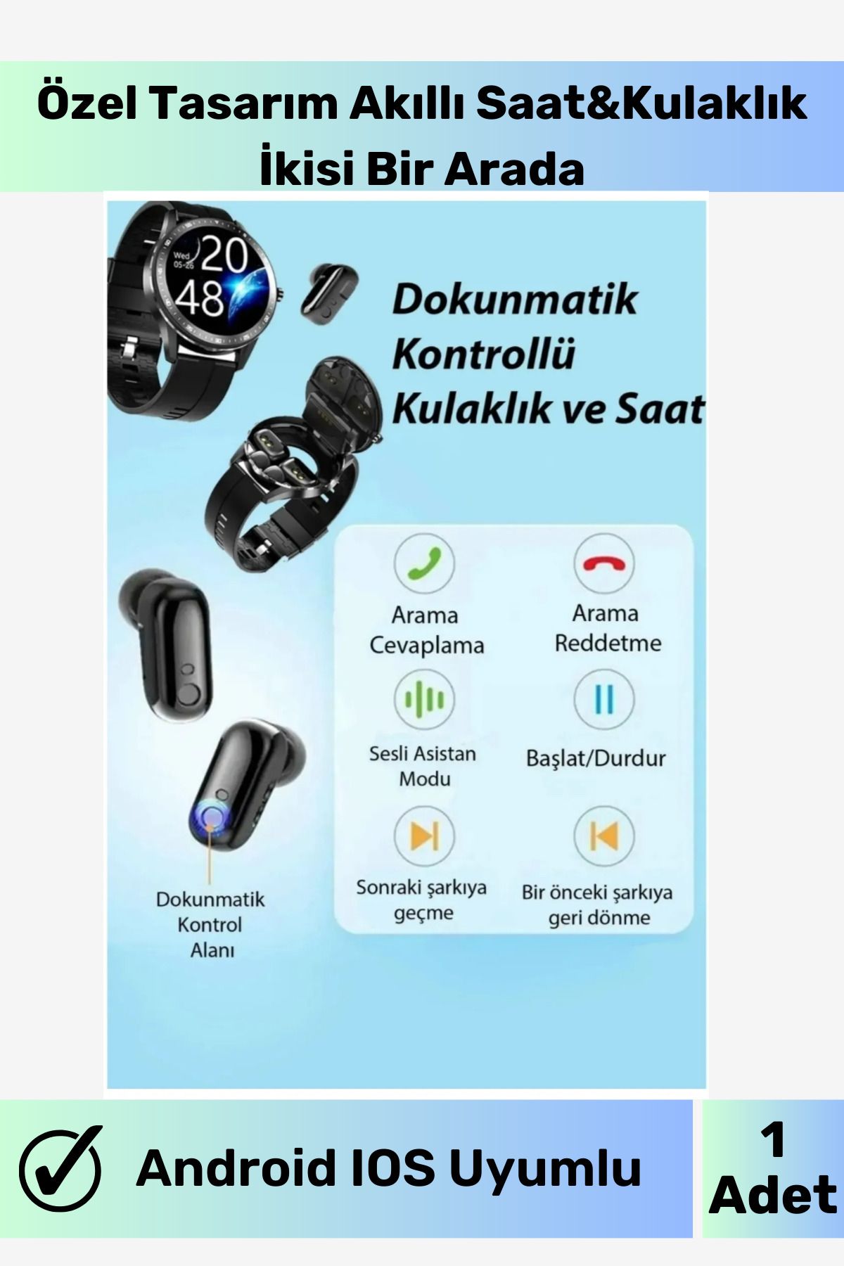 Wintoup Android&IOS Tüm Modellerle Uyumlu Sesli Görüşme Akıllı Saat +Bluetooth Kulaklık 2in1