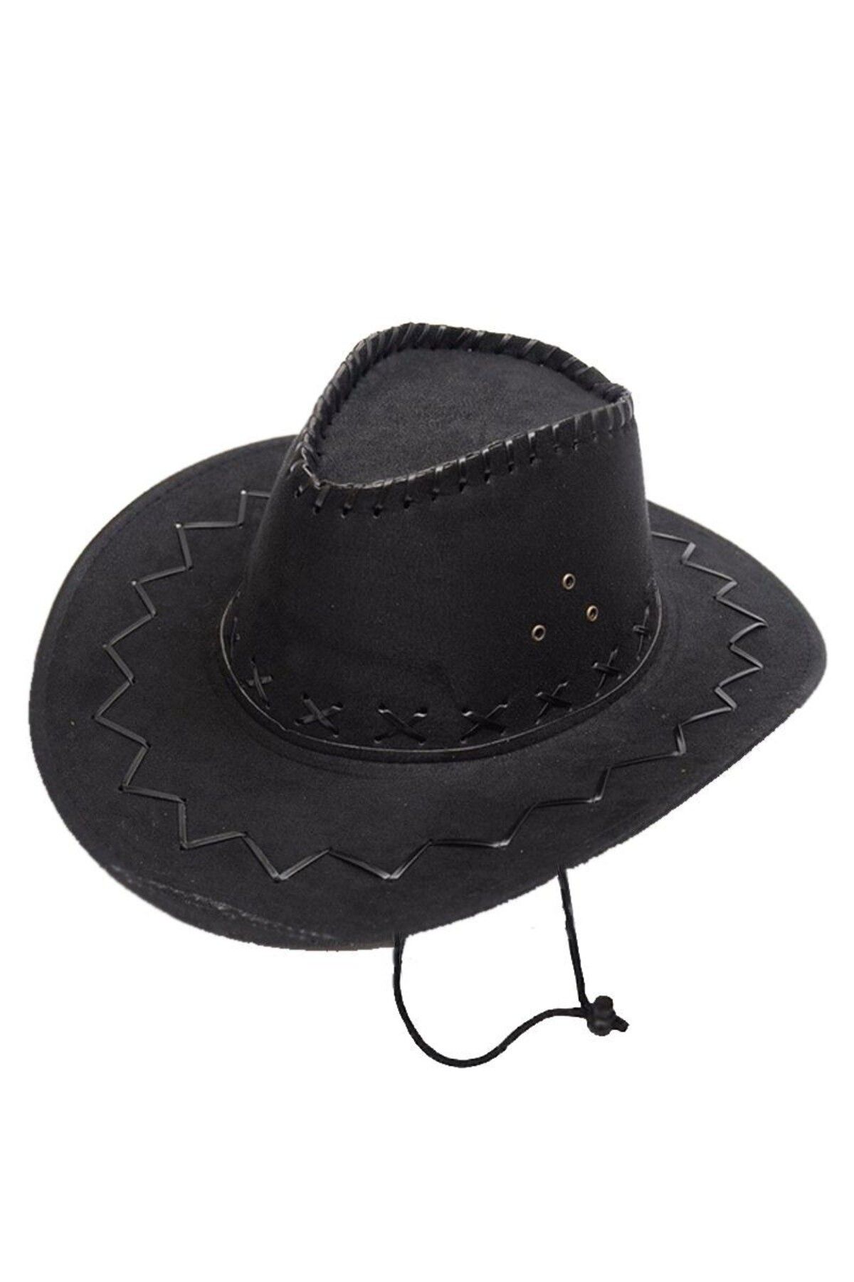 ShopZum Bağcıklı Çocuk Boy Nubuk Süet Kovboy Şapkası Siyah Renk