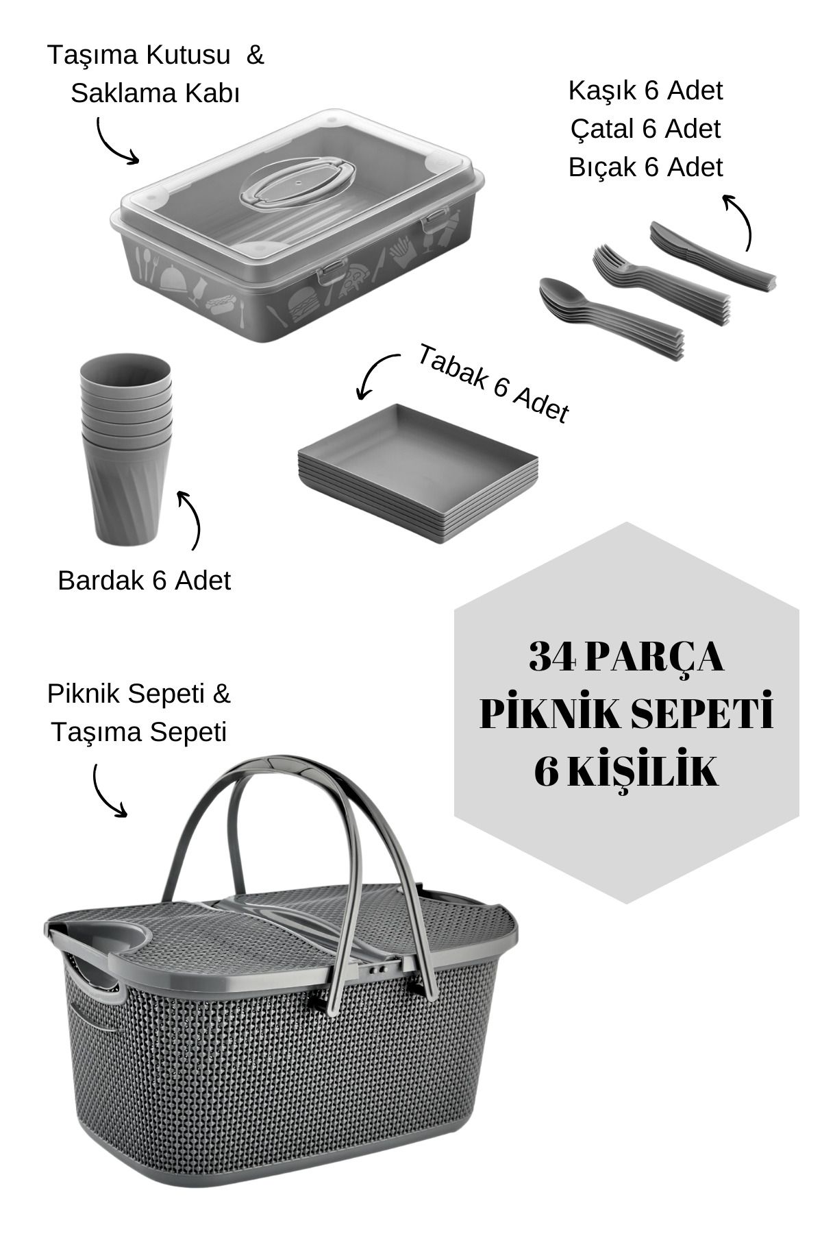 Carpekitchen Piknik Seti ve Sepeti 34 Parça 6 Kişilik Bardak Çatal Kaşık Tabak ve Taşıma Kutusu ve Piknik Sepeti
