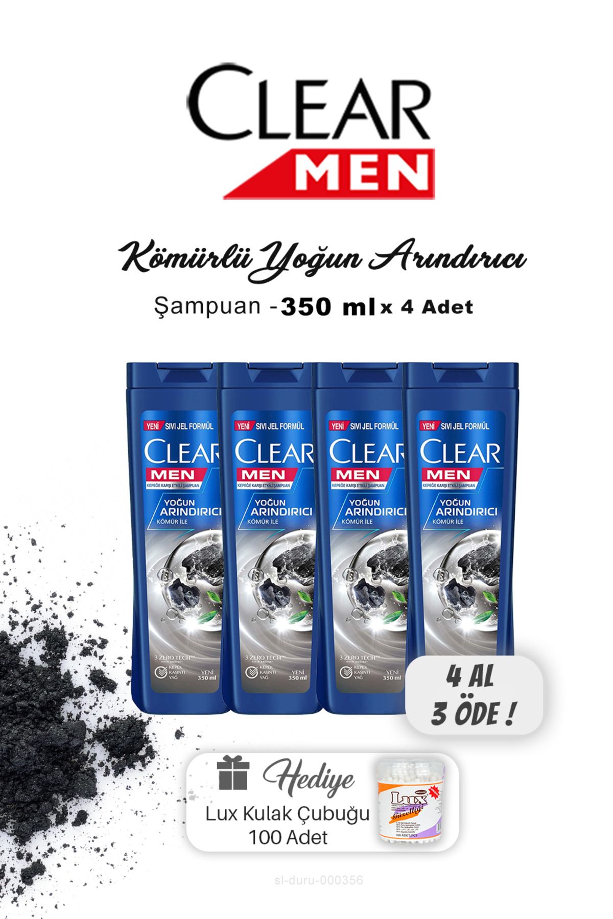 Clear 4 AL 3 ÖDE Clear Men Kepeğe Karşı Etkili Şampuan 350 ml, Kulak Çubuğu Hediyeli