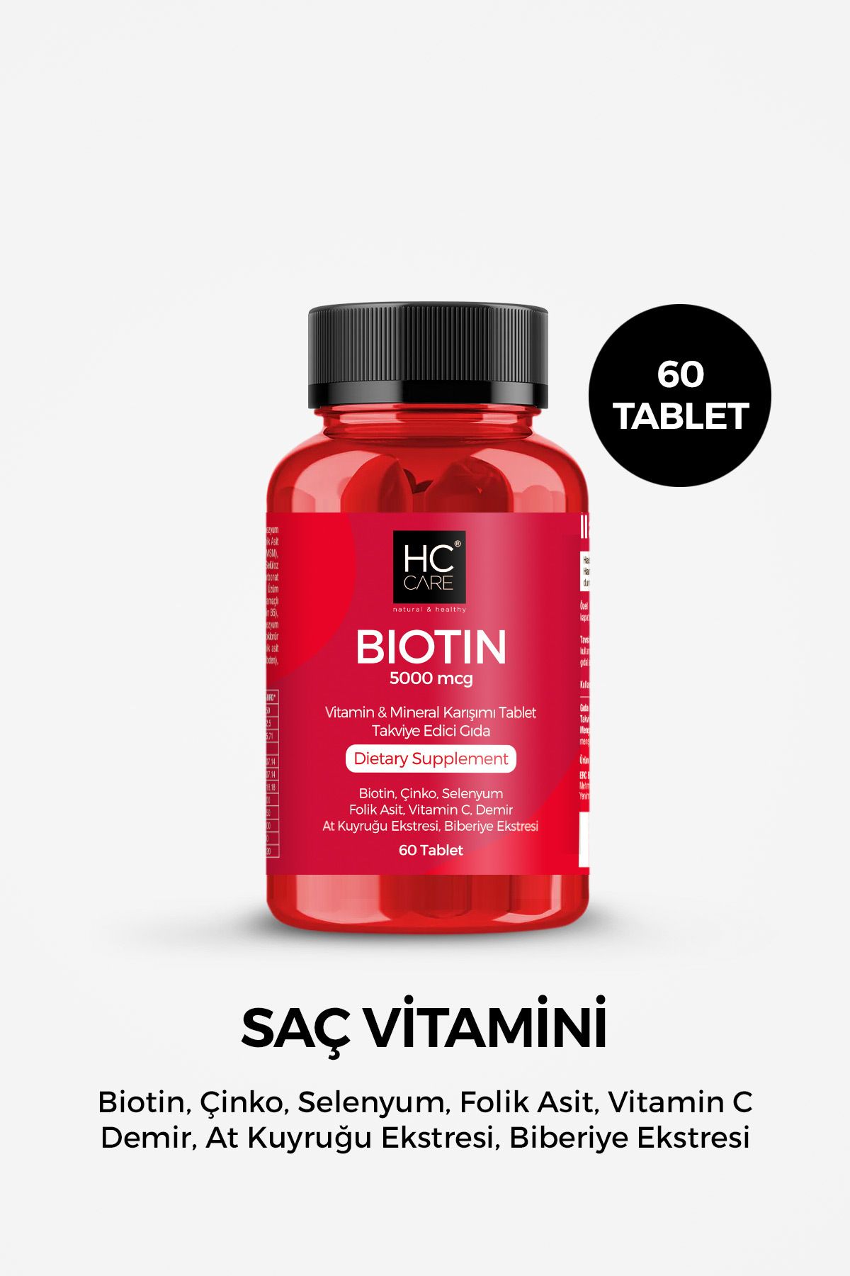 HC Care Saç Vitamini 60 Tablet - Biotin, Çinko, Selenyum, Folik Asit, Vitamin C, Demir, At Kuyruğu, Biberiye