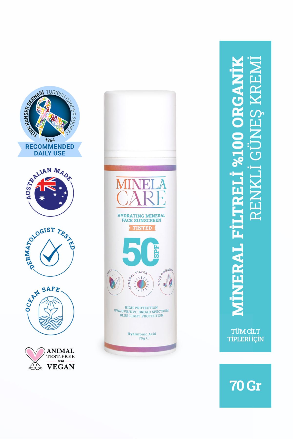 Minelacare Nemlendirici Organik Mineral Filtreli Renkli Yüz Güneş Kremi Spf 50 70gr