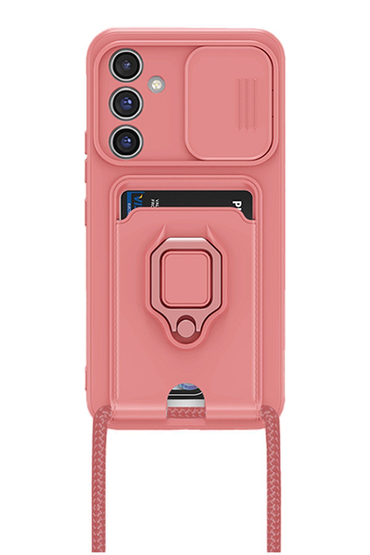 AQUA AKSESUAR Samsung Galaxy A25 5G Uyumlu Kılıf Lüx Tasarım Yüzüklü +İpli Lens Korumalı 3in1 Kapak - Pembe
