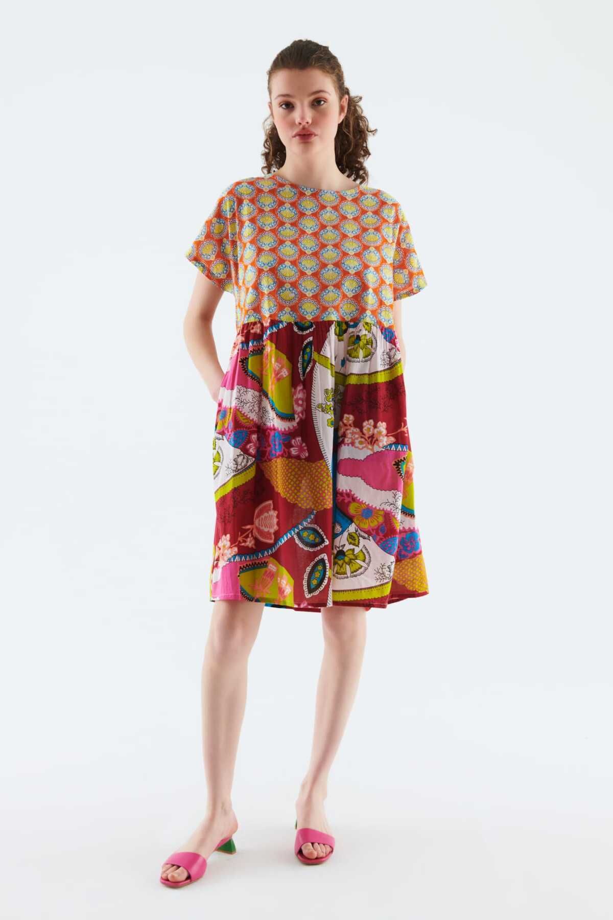 Roman Çok Renkli Desenli Midi Boy Elbise Standart Renk Y2269110_089