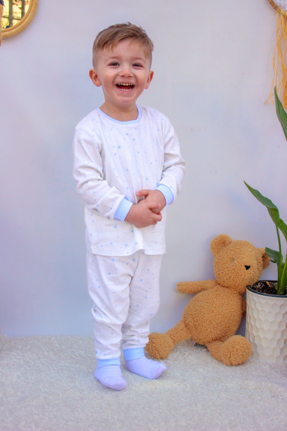 Mini Ropa Erkek Bebek Çocuk Pijama Takımı 0 - 6 Yaş Mavi Yıldızlı