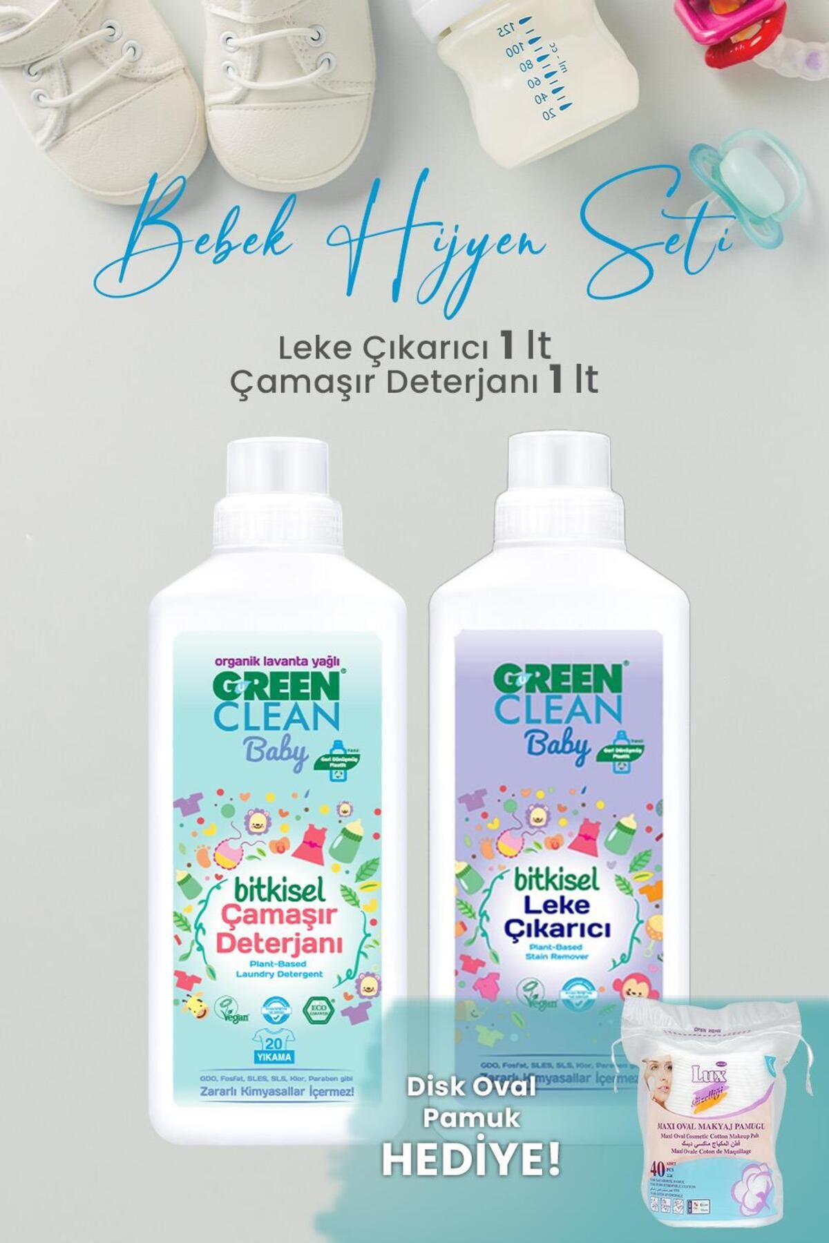 Green Clean Baby Leke Çıkarıcı, Çamaşır Deterjanı 1 Litre Ve Disk Oval Pamuk