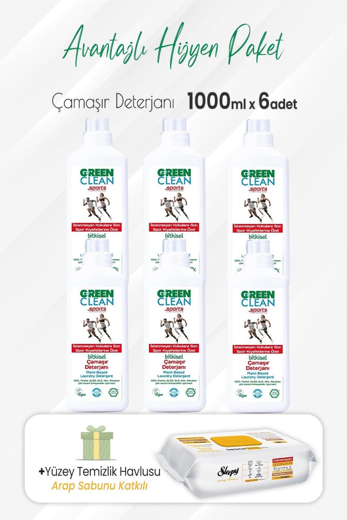 Green Clean Sports Çamaşır Deterjanı 1000 ml X 6 Adet Ve Arap Sabunlu Temizlik Havlusu