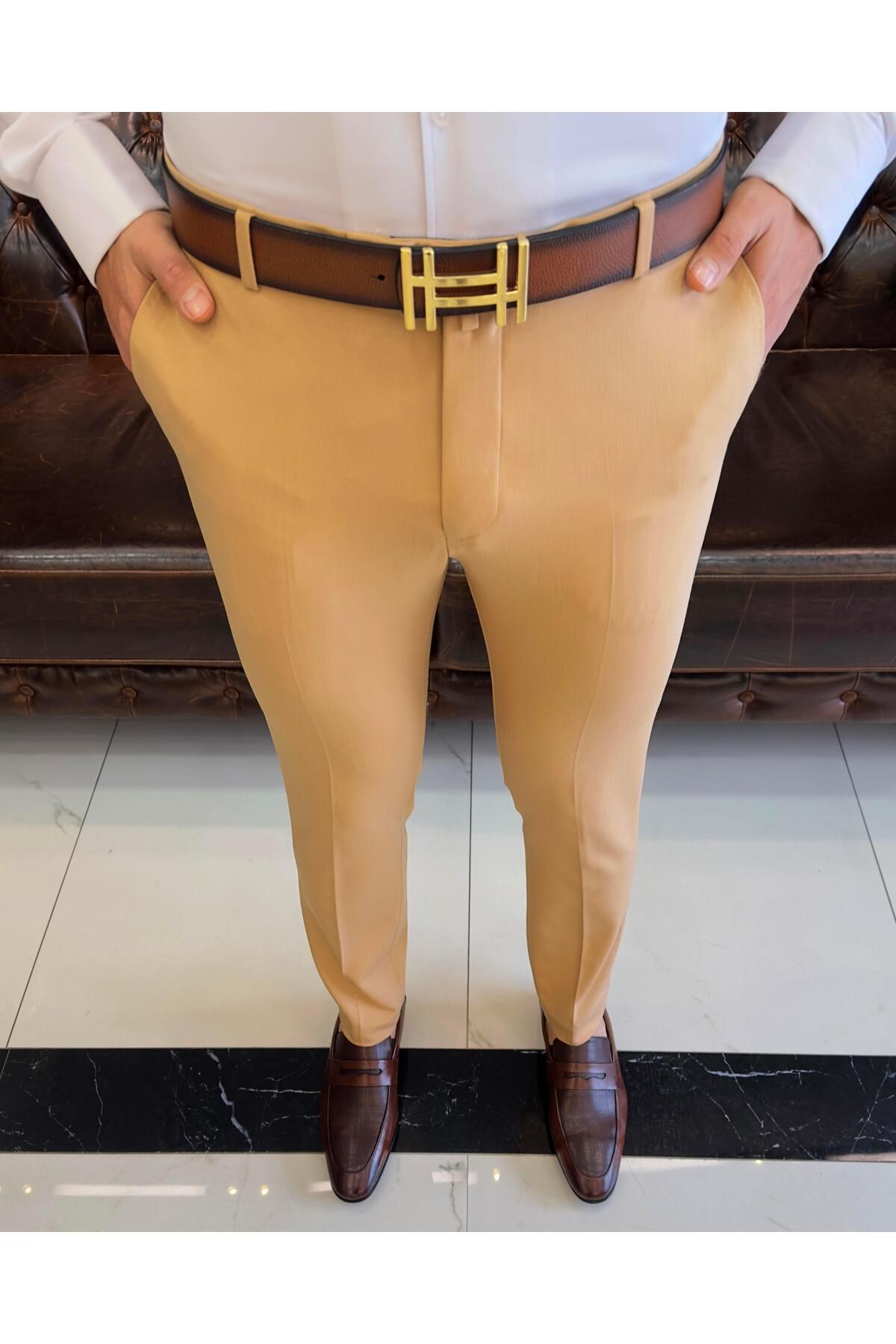 TerziAdemAltun İtalyan Stil Slim Fit Erkek Kumaş Pantolon Açık Camel T4678