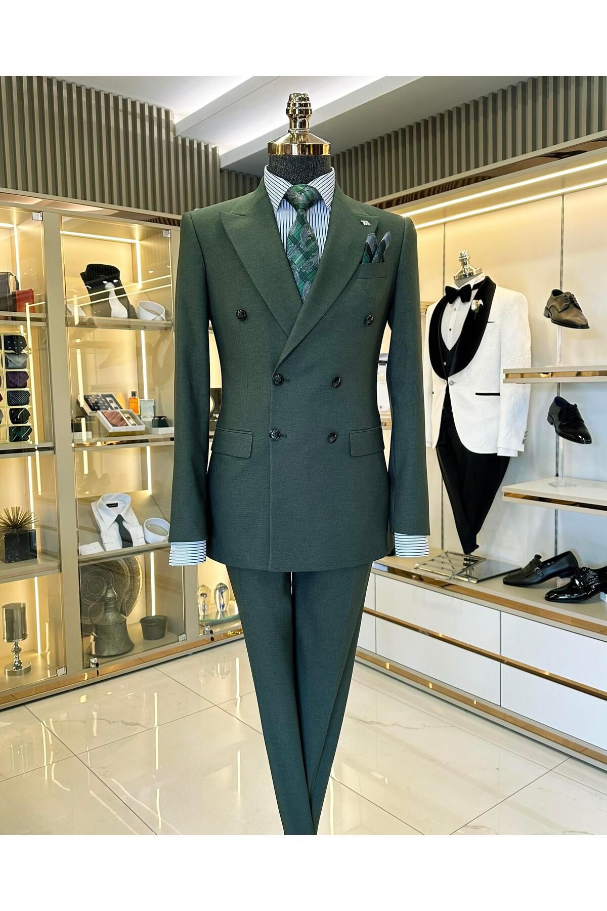 TerziAdemAltun İtalyan stil slim fit kruvaze ceket pantolon takım elbise yeşil T11362