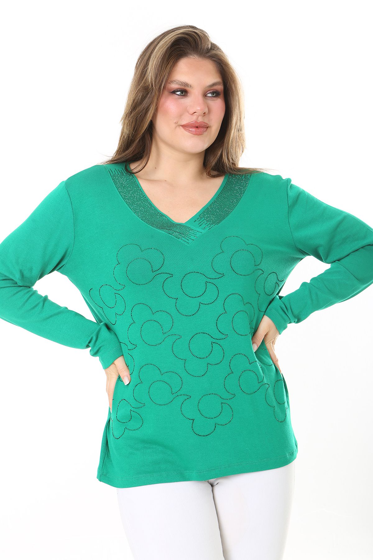 Şans Kadın Büyük Beden Yeşil V Yakalı Taş Detaylı Uzun Kollu Bluz 65N37153