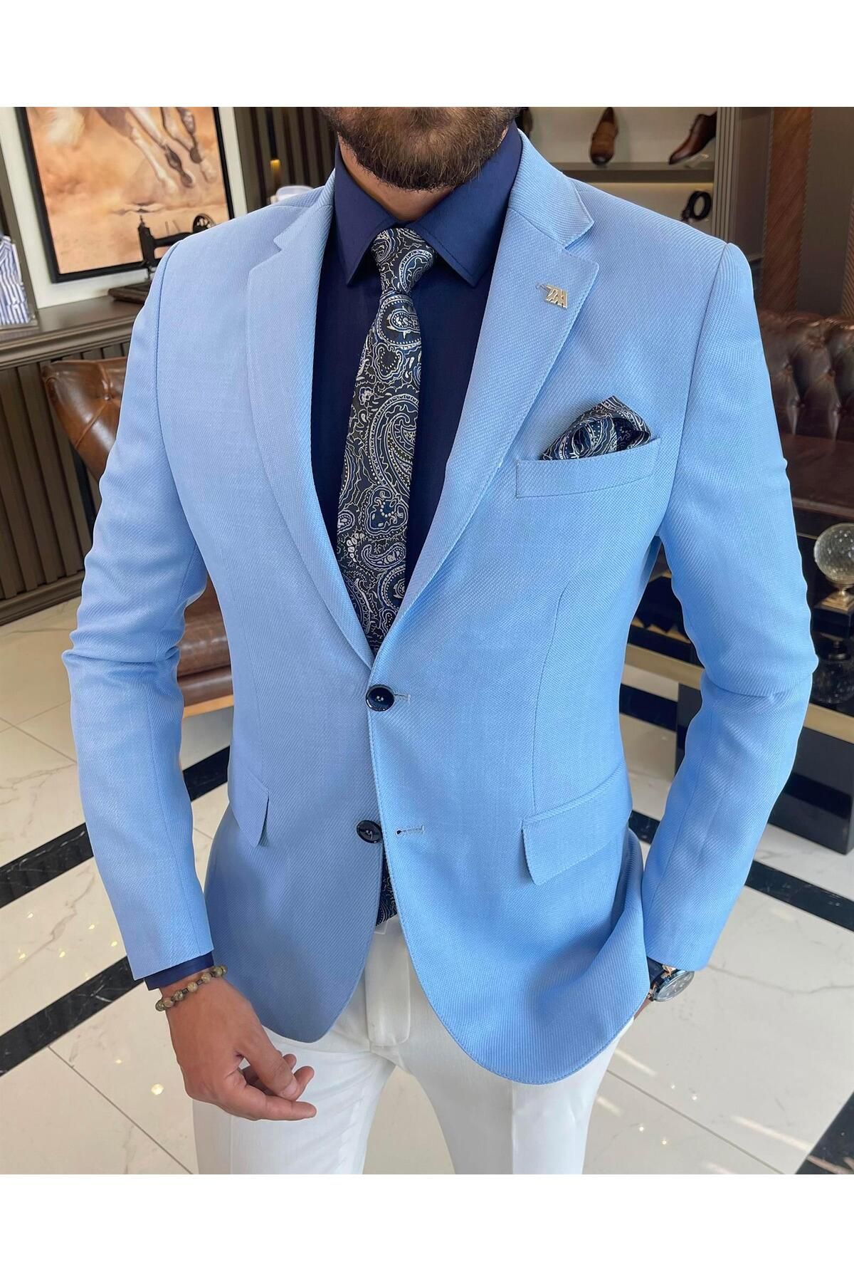 TerziAdemAltun İtalyan Stil Erkek Slim Fit Mono Yaka Pamuk Karışımlı Ceket Mavi T9335