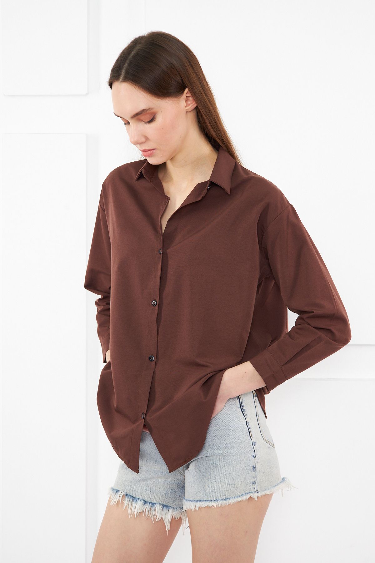 brako tekstil Kadın Kahverengi Oversize Uzun Basic Gömlek