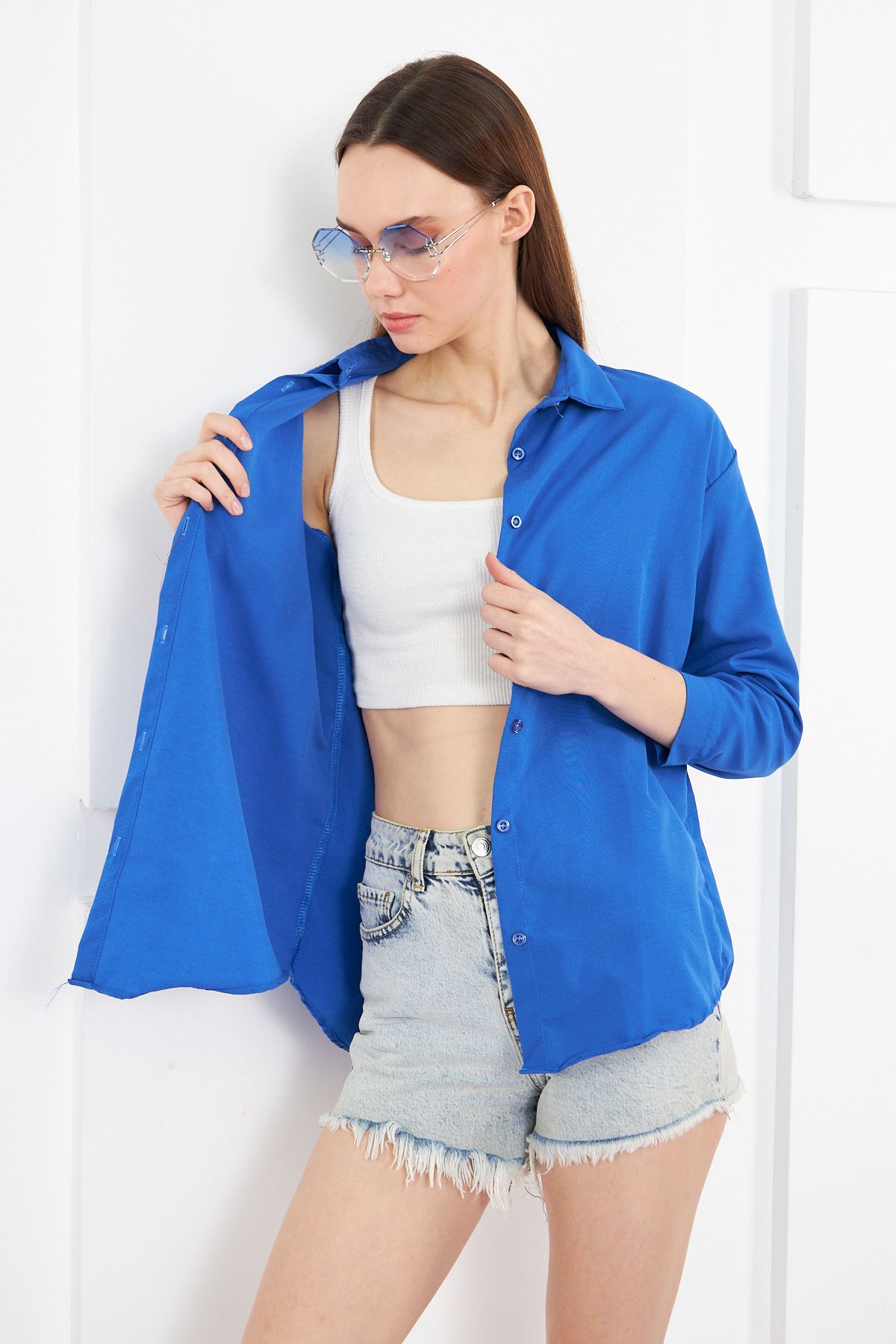 brako tekstil Kadın Koyu Mavi Oversize Uzun Basic Gömlek
